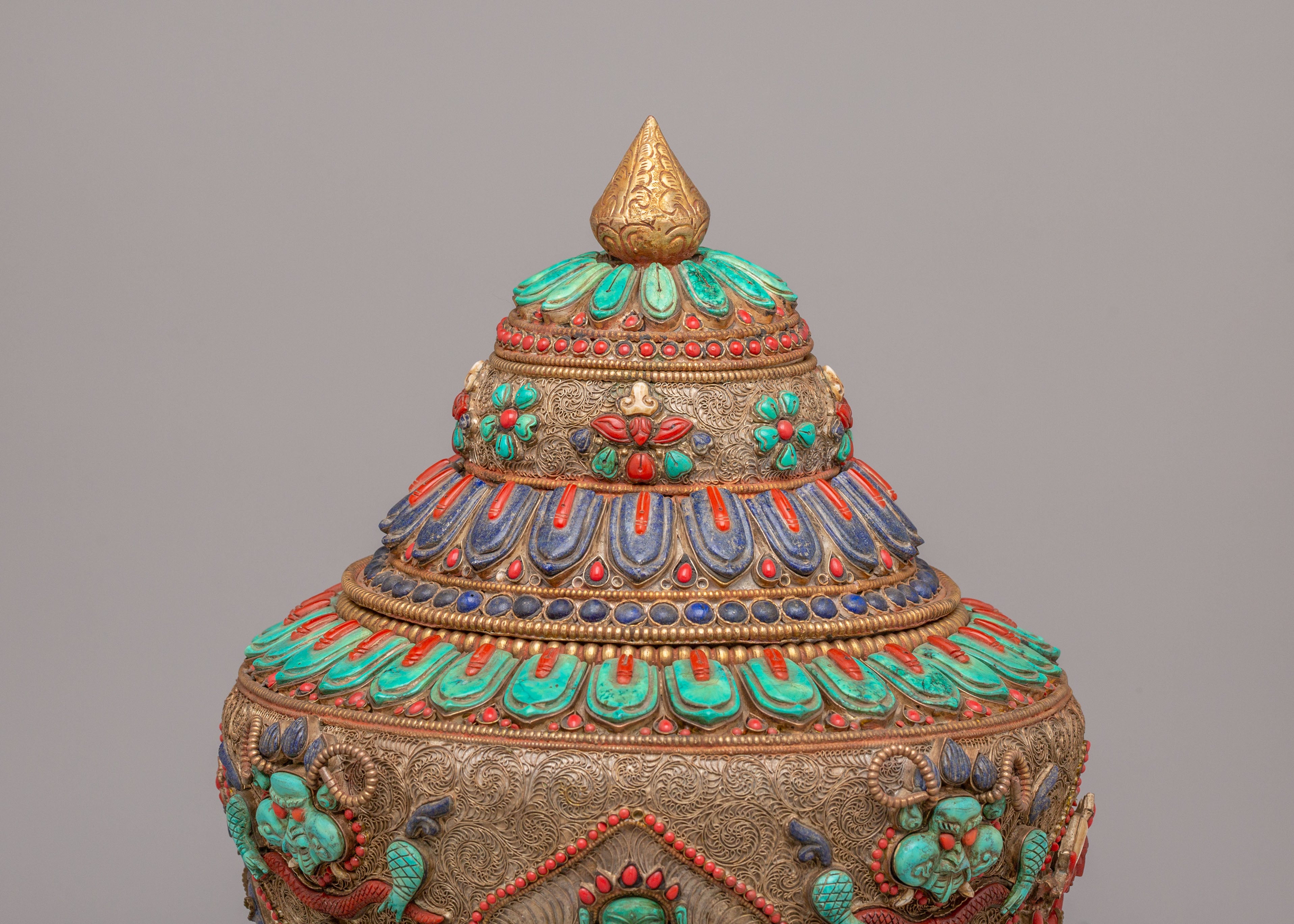 Dhupur Tibetan Rice Pot | Copper Body with Hand-Carved Deities