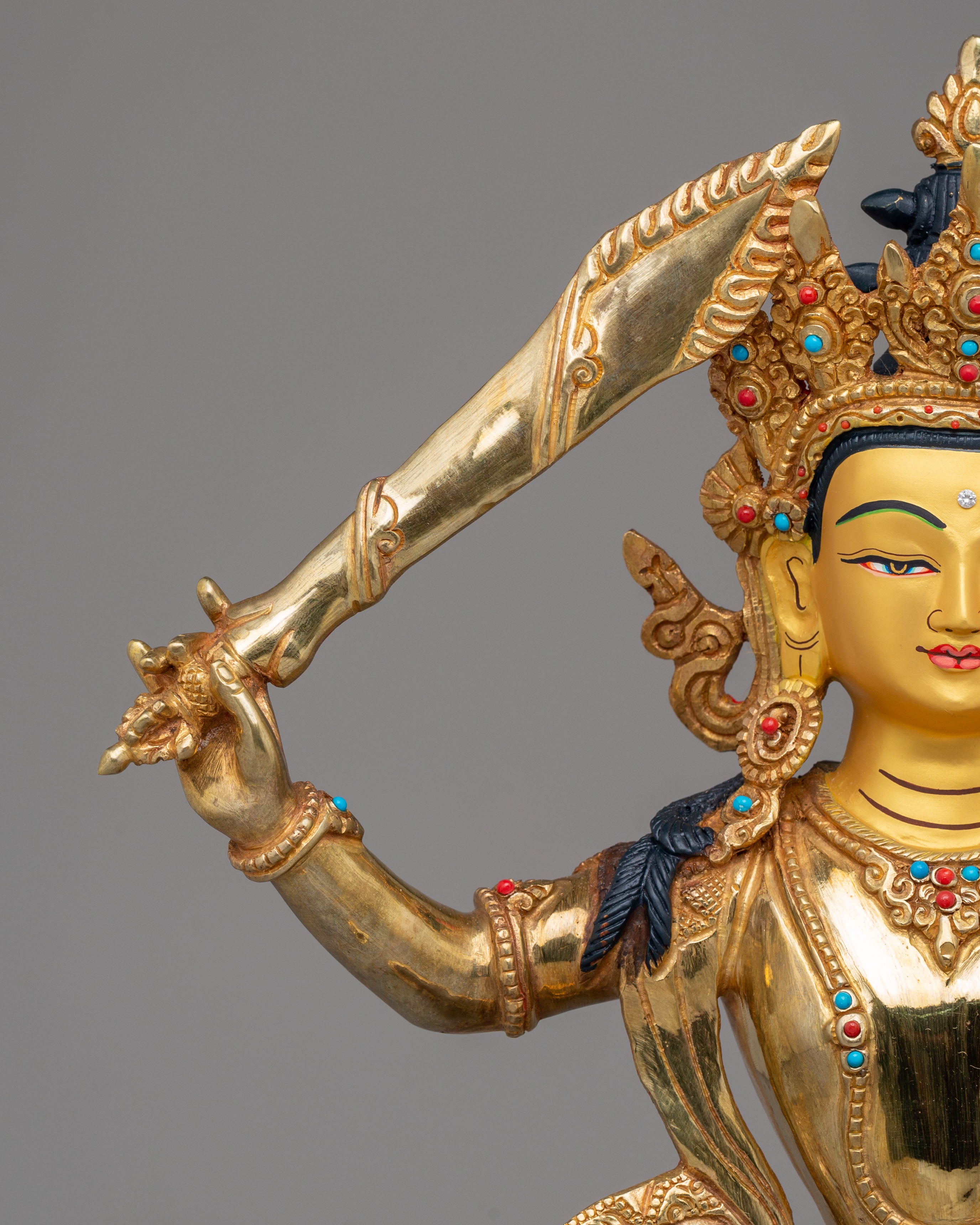 Spiritual Manjushri Altar Statue | 24K Gold Plated Tibetan Buddhist Deity