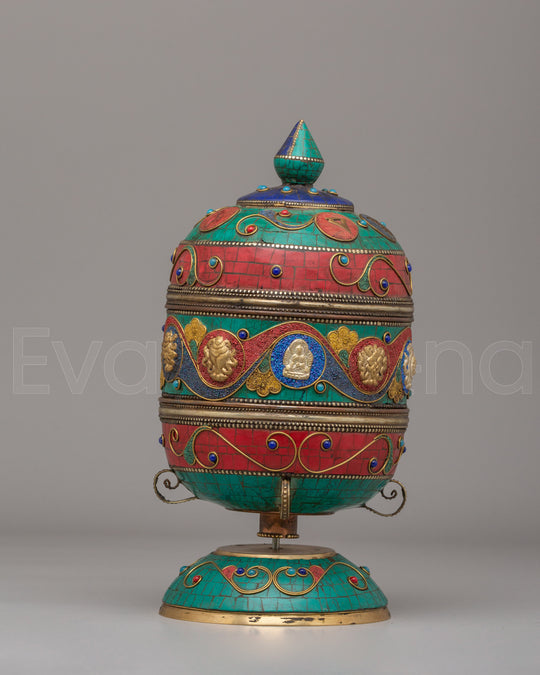 Handmade Blessing Prayer Wheel | Shakyamuni Buddha and Auspicious Symbol Design