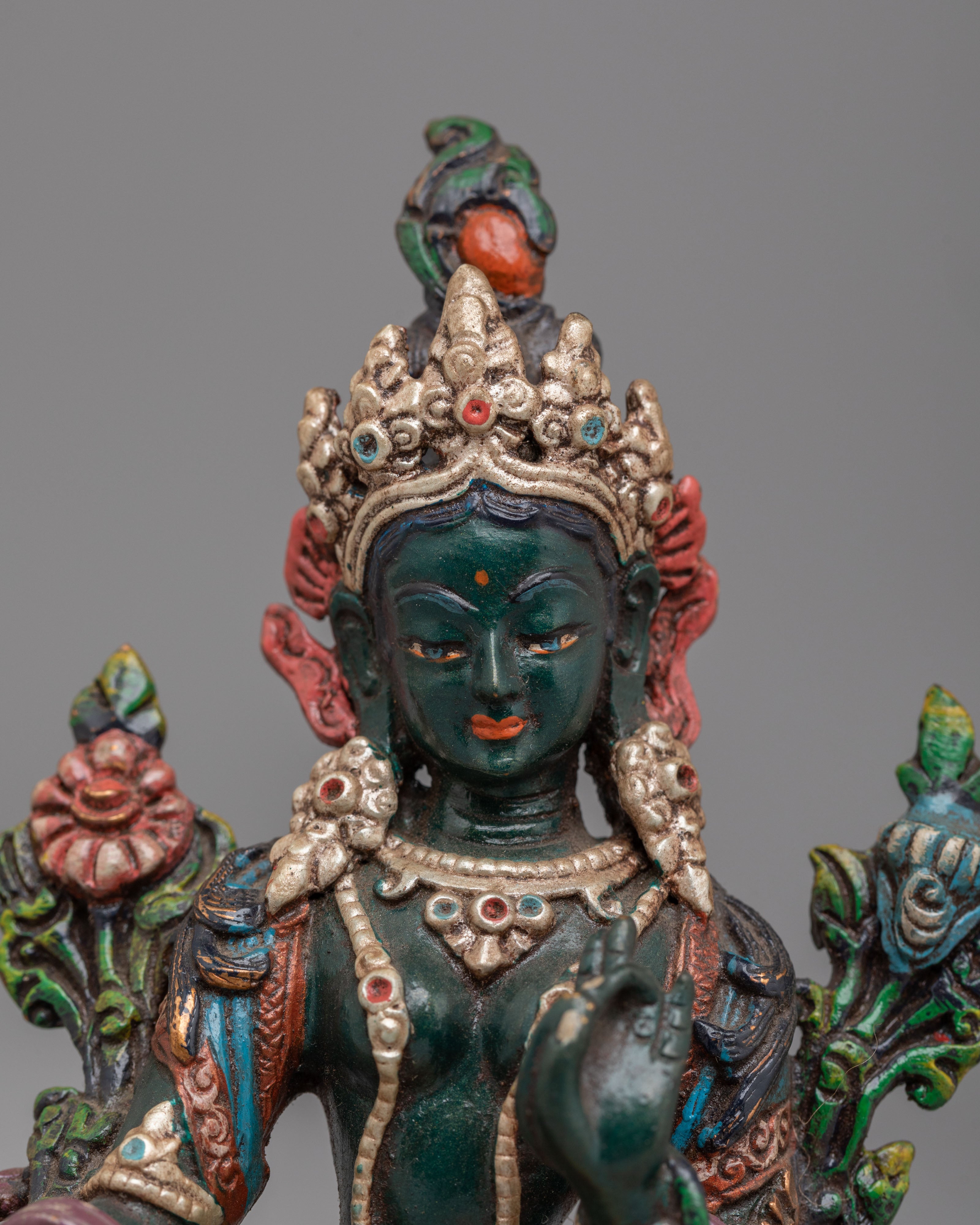 Himalayan Altar Green Tara Deity Statue | Copper Body with Silver Plating