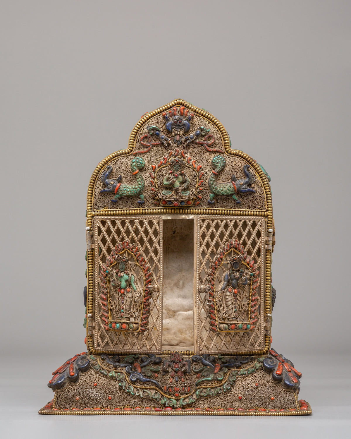 Buddhist Ghau Box with Deity Carvings | Silver Sacred Shrine