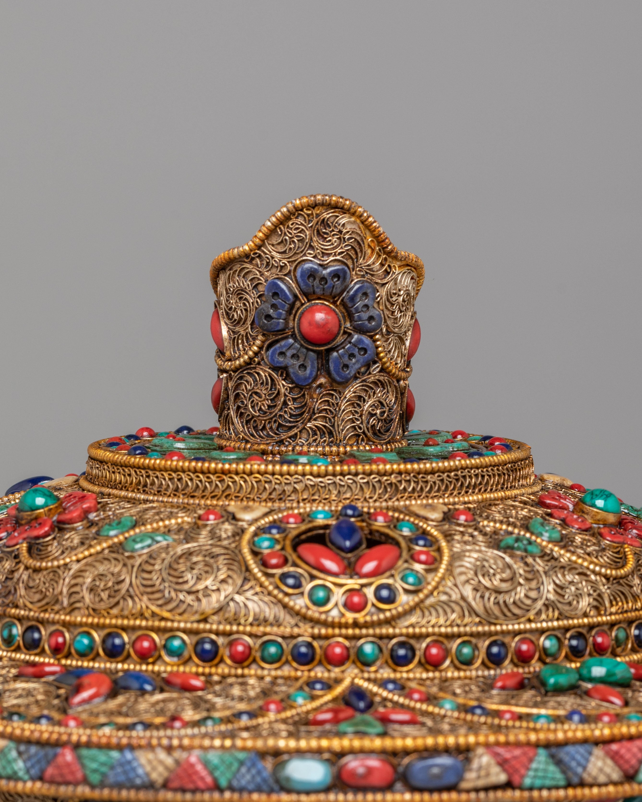 Spiritual Himalayan Butter Lamp | Handcrafted Copper & Gemstone Altar Decor