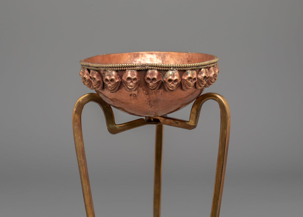Kapala Skull Cup Stand Set | Himalayan Kapala Vessel with Skull Motifs