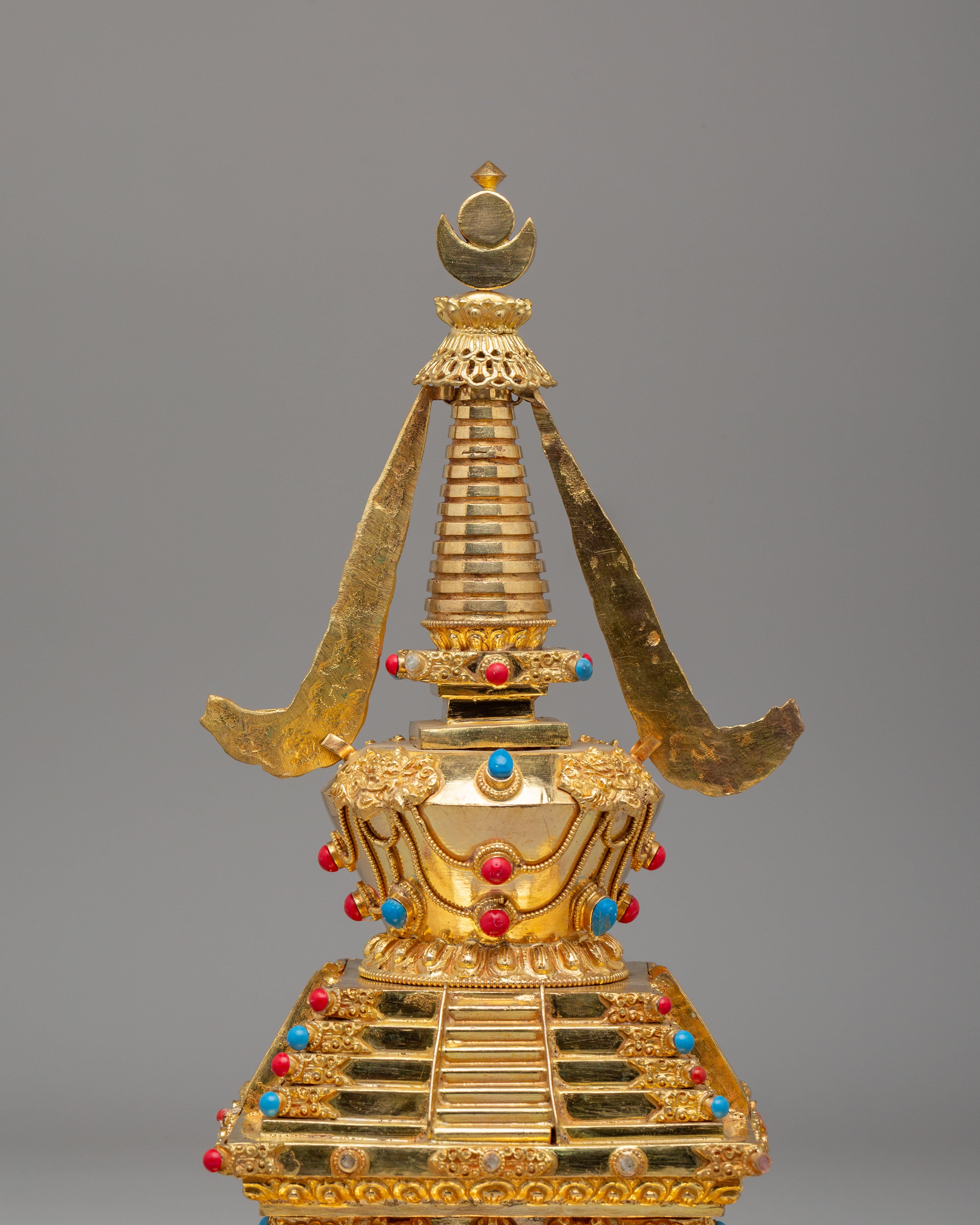 Traditional Descent From Heaven Stupa | 22K Gold Copper Tibetan Stupa