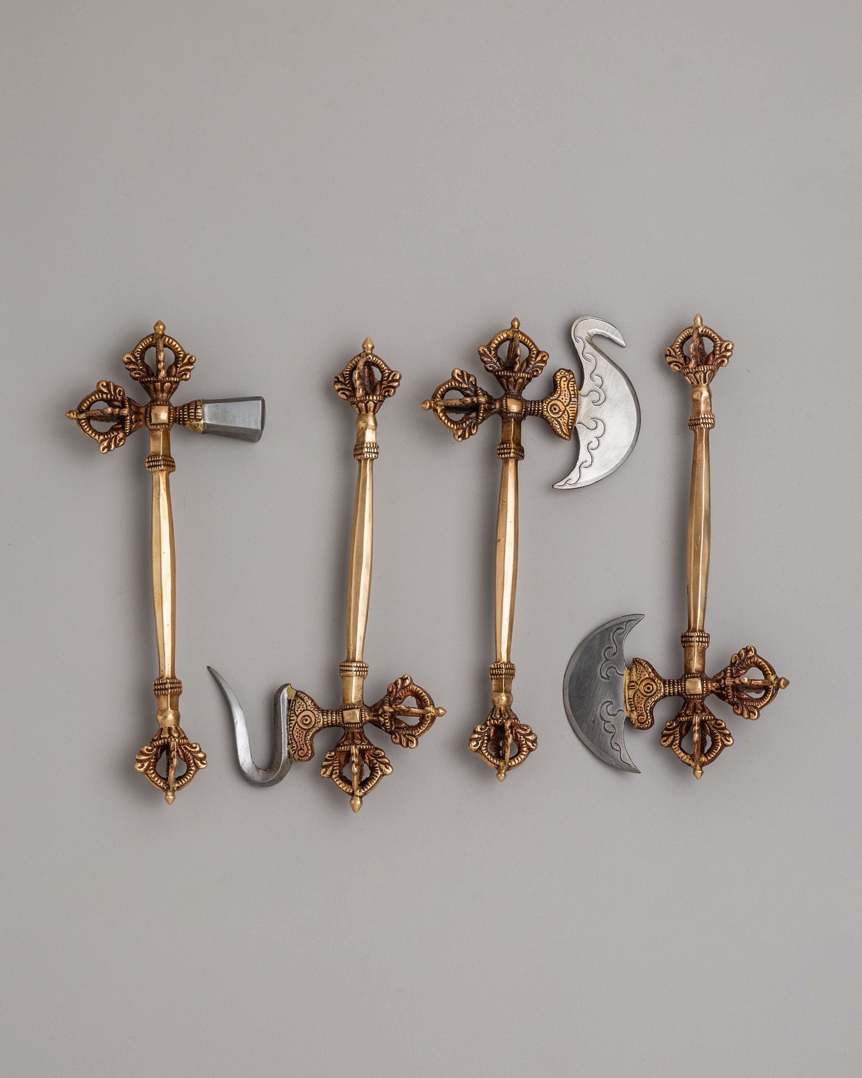 Traditional Tibetan Ritual Item Set | Silver Polished Copper & Oxidized Copper Ritual Items