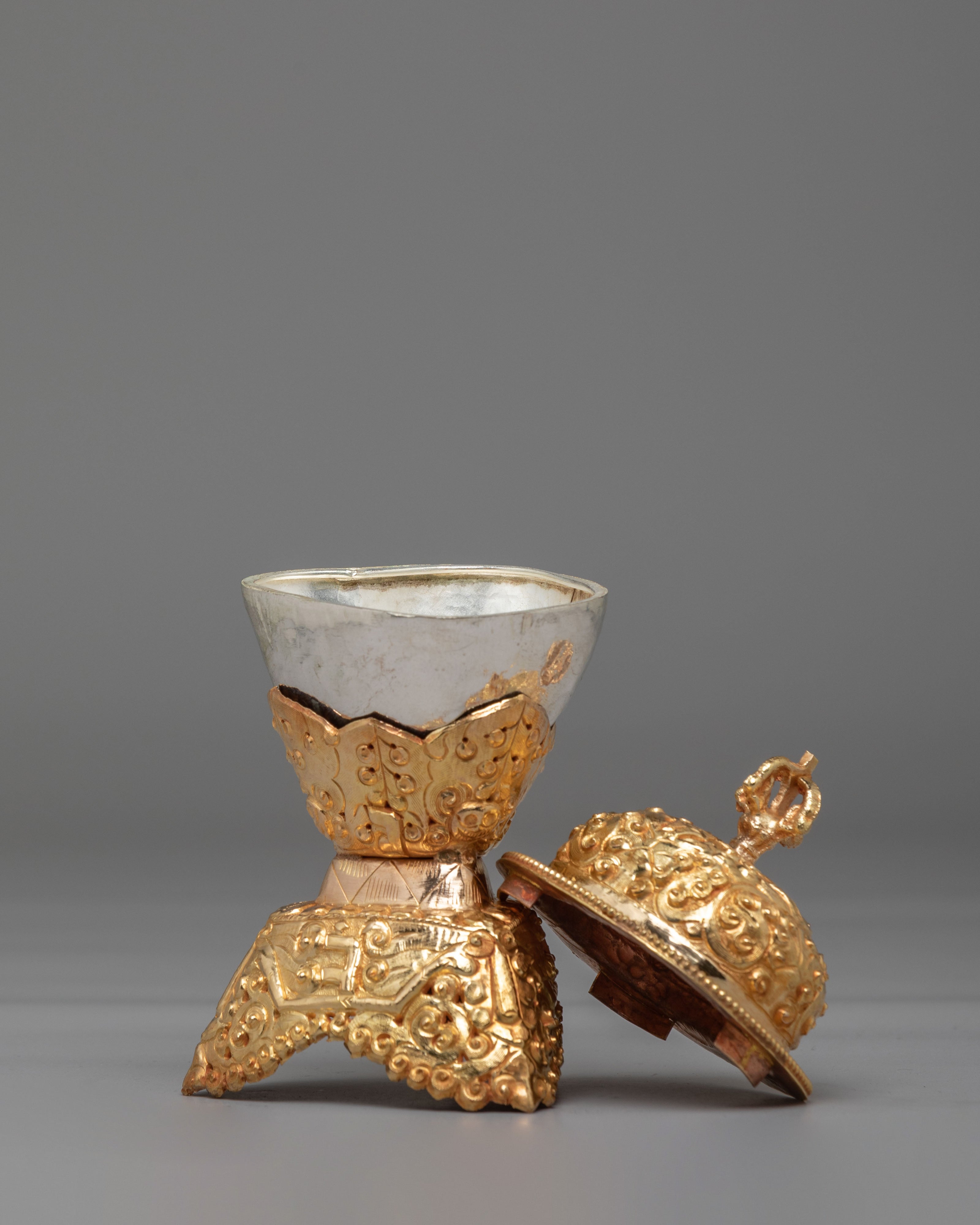Traditional Ritual Kapala Set | Gold Gilded and Silver Coated Vessels