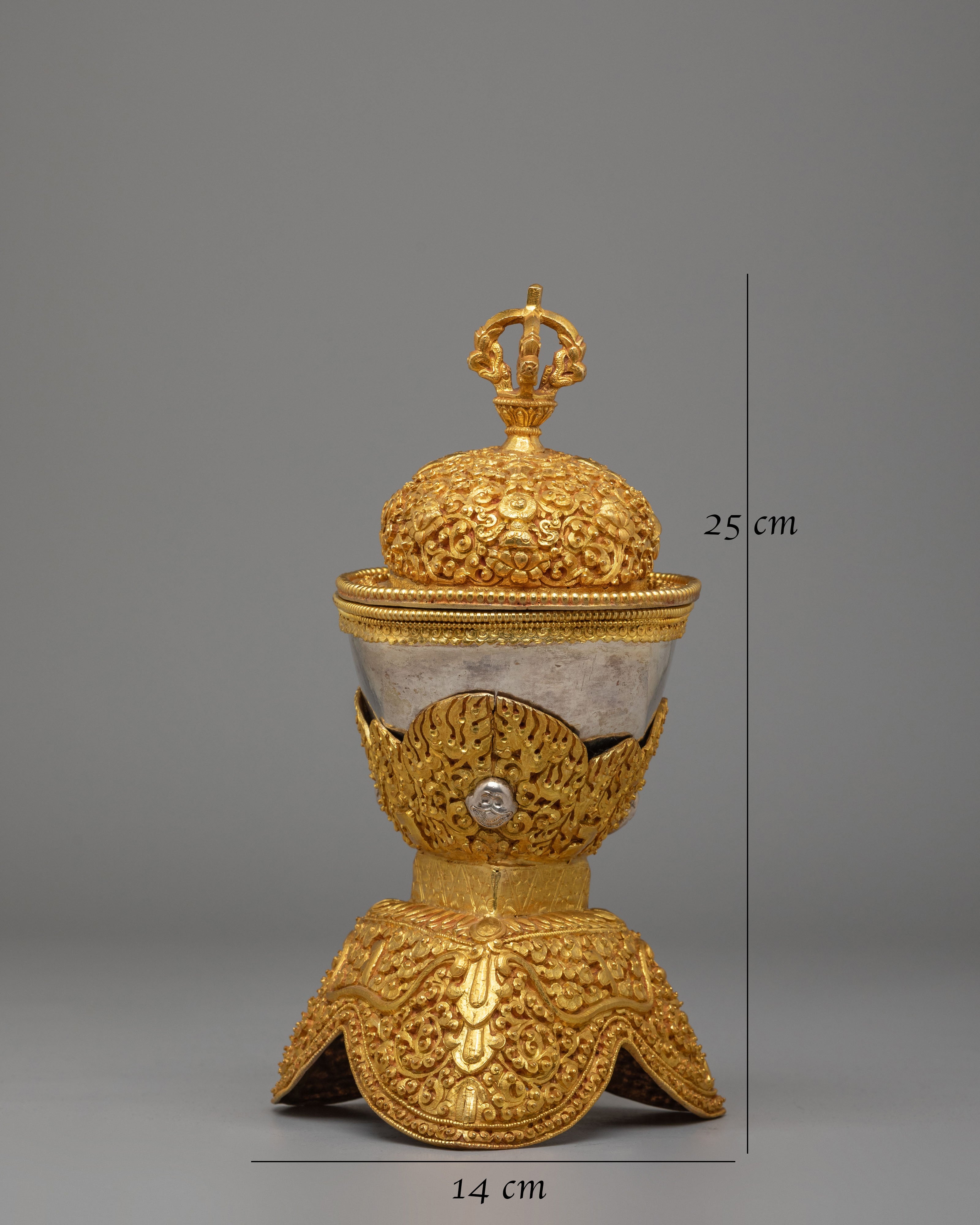 Tibetan Ritual Skull Cups for Altar | Gold and Silver Plated Kapala Set