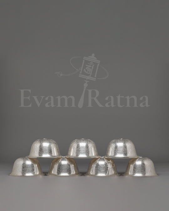 Himalayan Ritual Offering Bowl Set | White Metal Buddhist Altar Bowls