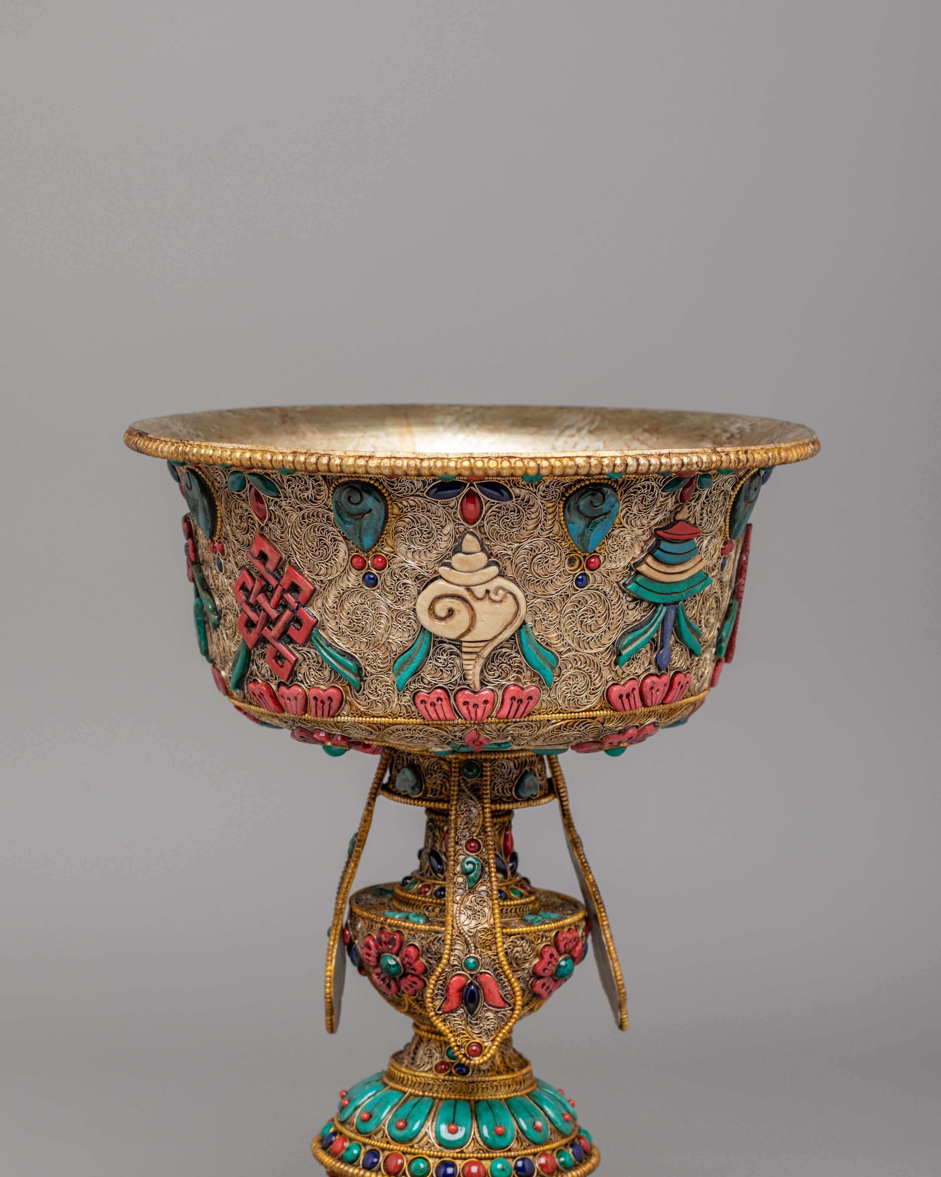Buddhist Altar Butter Lamp Set | Gemstone Inlaid Copper Offering Lamps