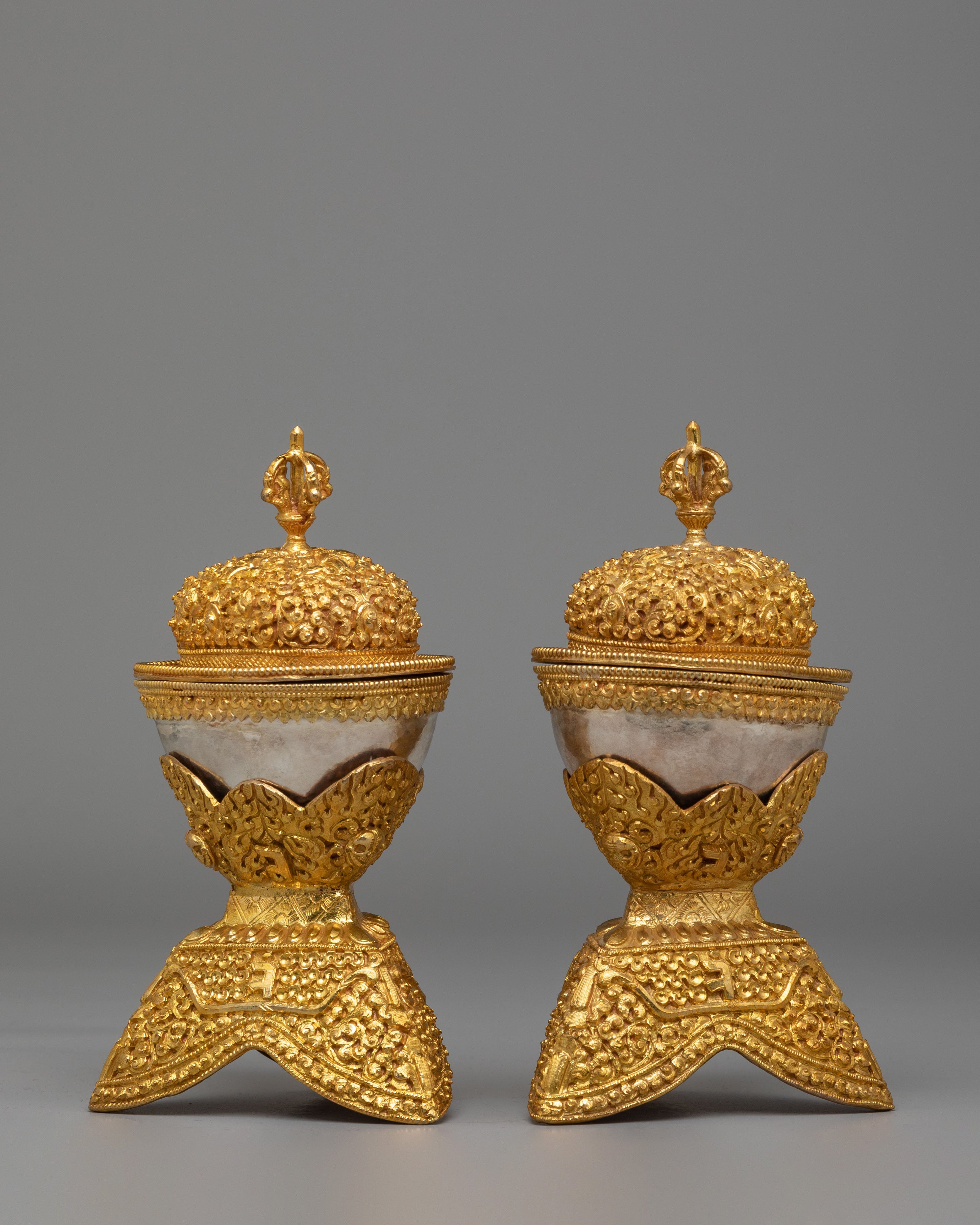 Spiritual Handcrafted Ritual Kapala Set | Gold & Silver Plated Tibetan Vessels