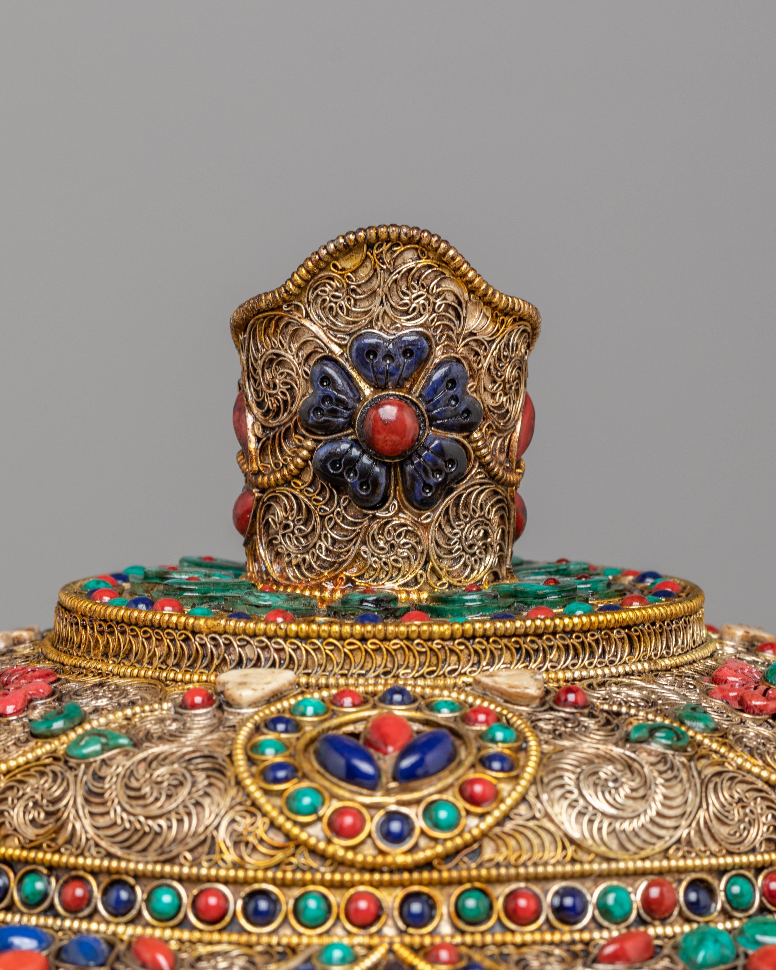Buddhist Altar Butter Lamp Set | Gemstone Inlaid Copper Offering Lamps