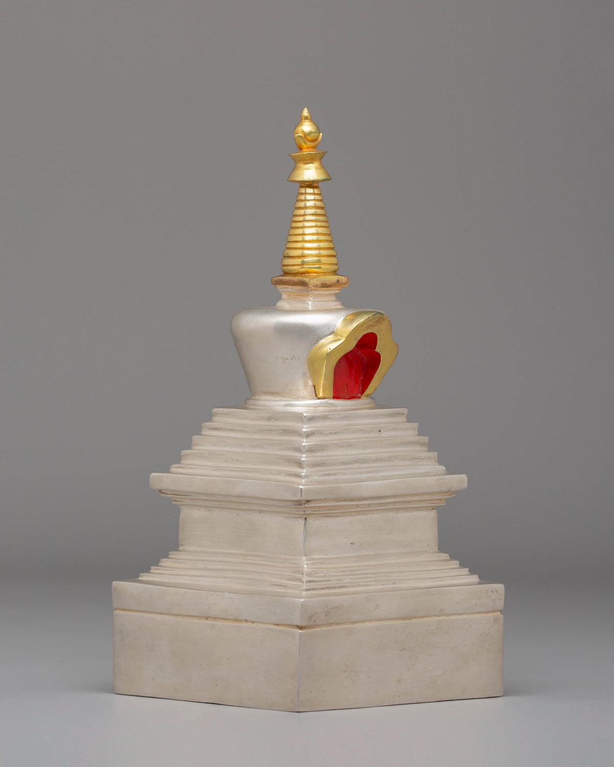 Handcrafted Spiritual Tibetan Stupa | Silver Plated Buddhist Sculpture