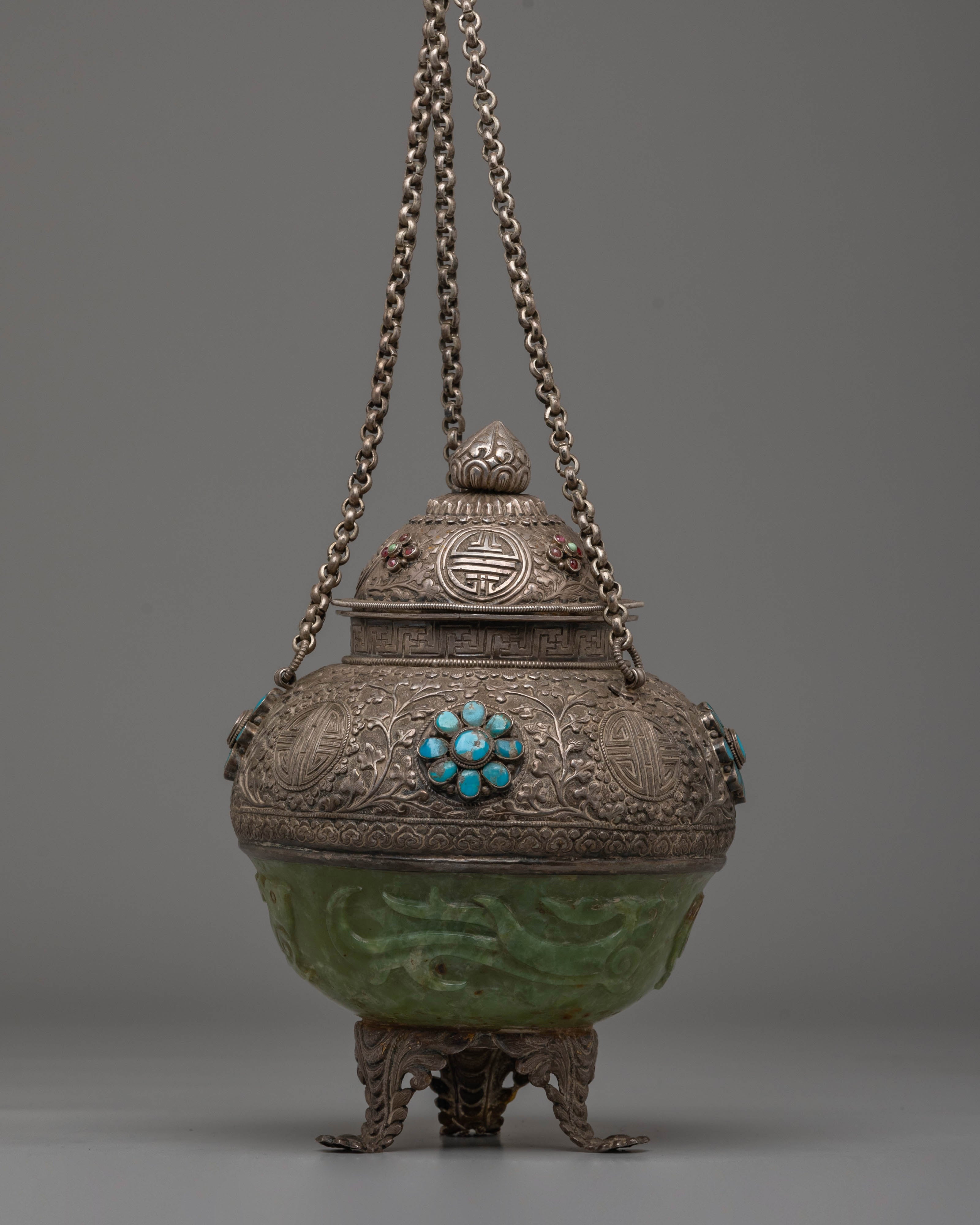 Decorative Tibetan Incense Burner | Silver and Jade Inense Burner