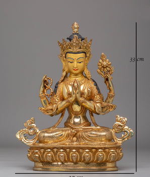 Handcrafted Copper Statue of Chenrezig with 24K Gold Gilding