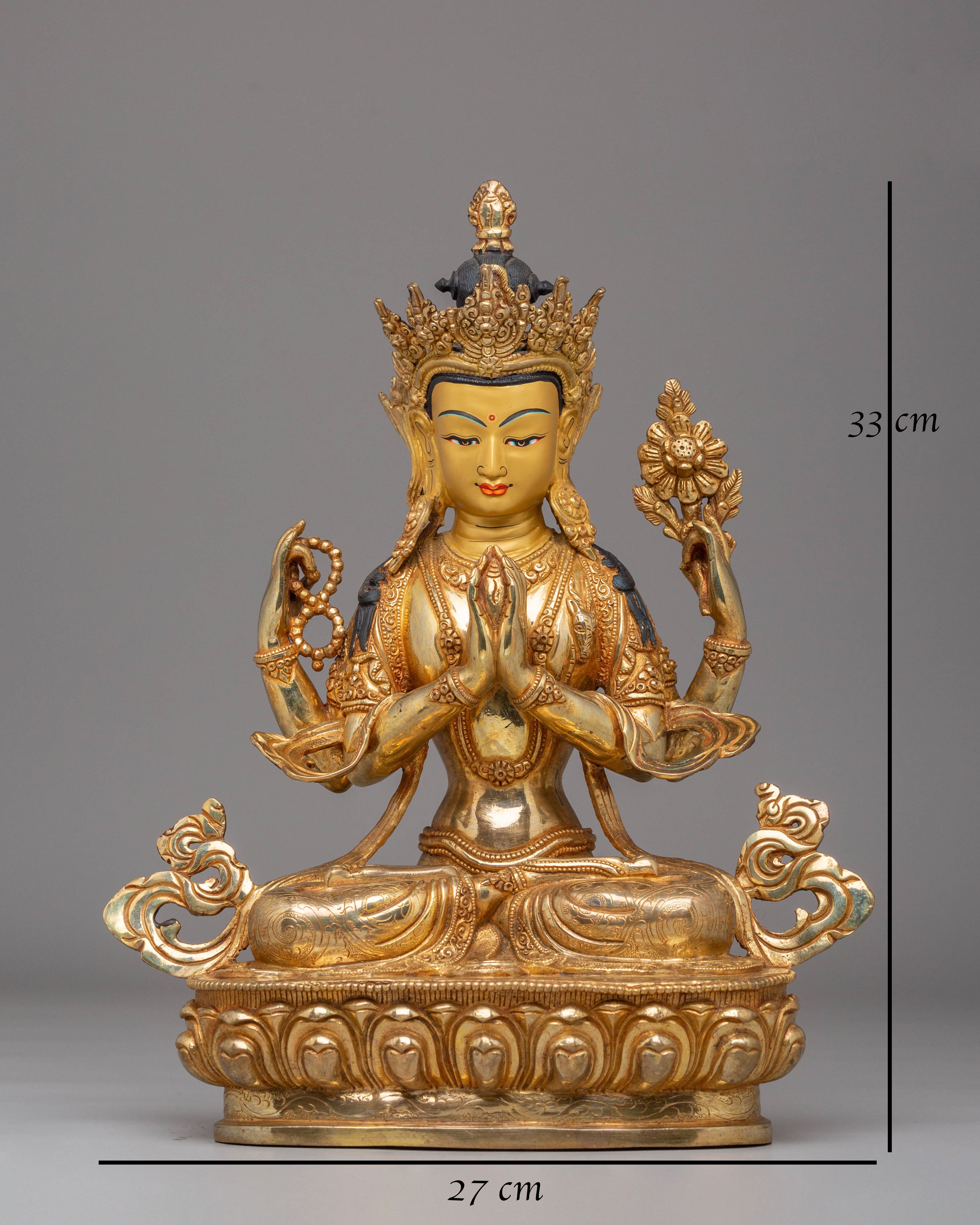 Handcrafted Copper Statue of Chenrezig with 24K Gold Gilding