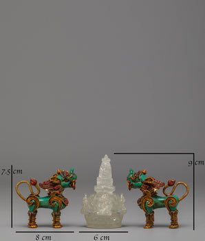 Himalayan Crystal Stupa and Guardian Lion Set | Electro Gold-Plated Tibetan Art