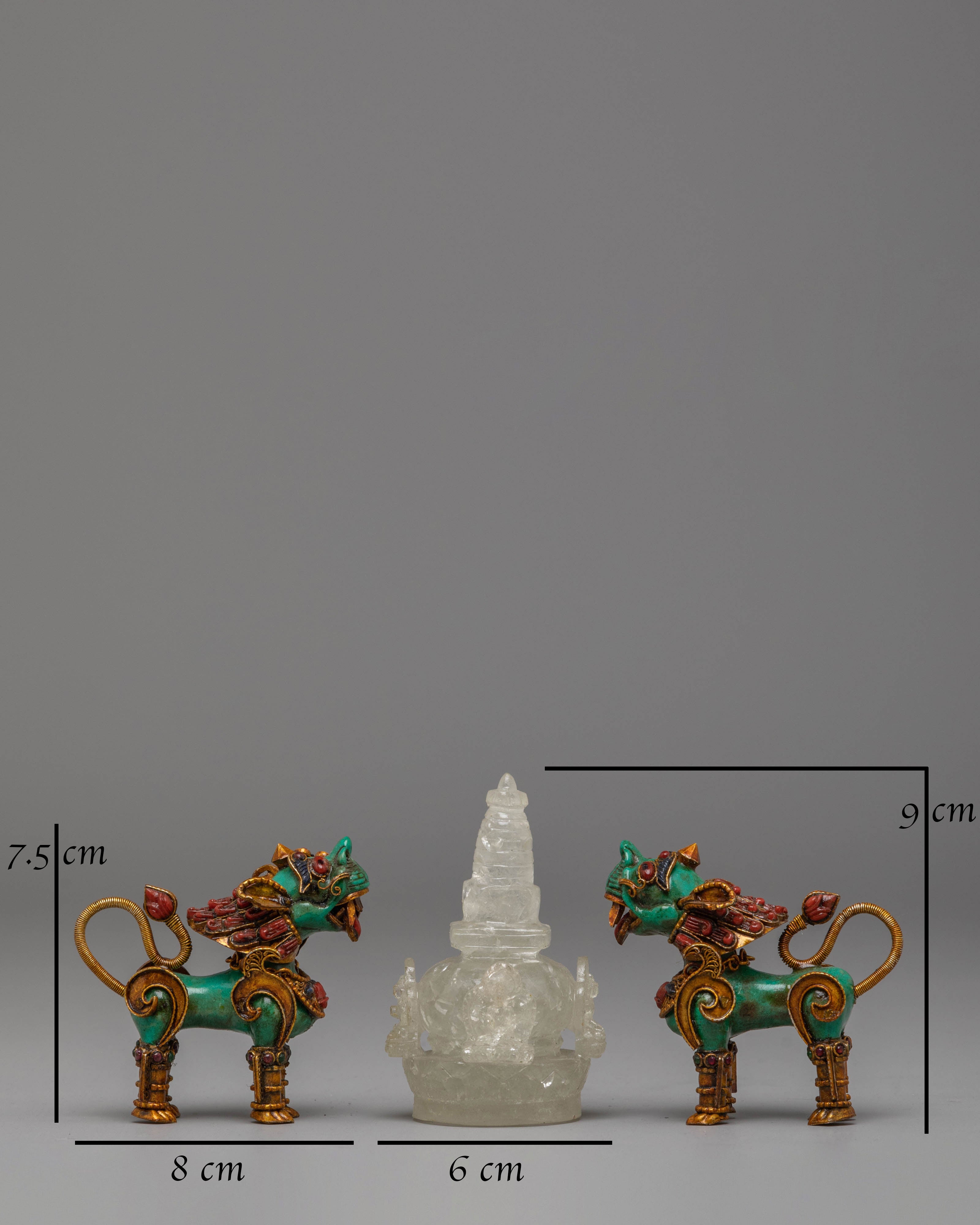 Himalayan Crystal Stupa and Guardian Lion Set | Electro Gold-Plated Tibetan Art