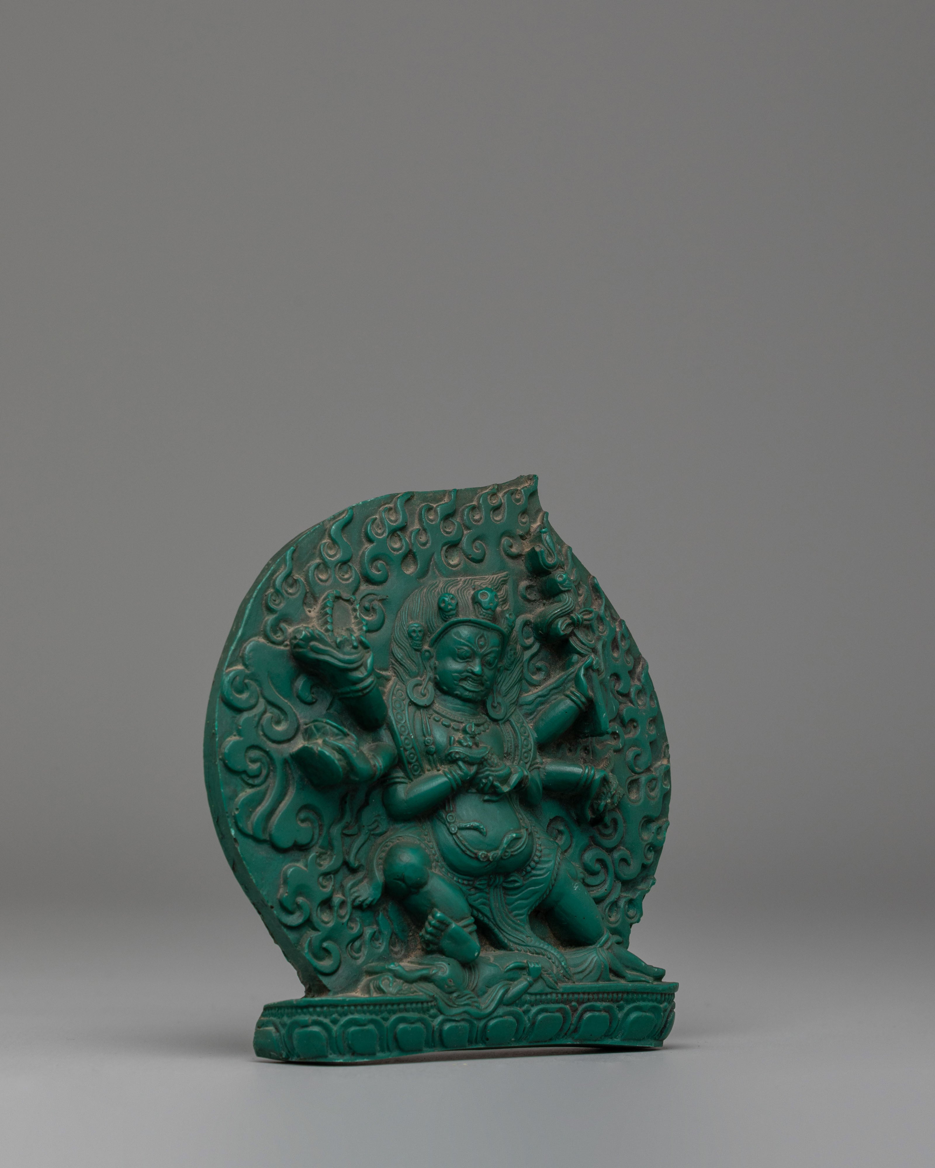 Sacred Six-Armed Mahakala Sculpture | Compressed Turquoise Buddhist Protector Statue