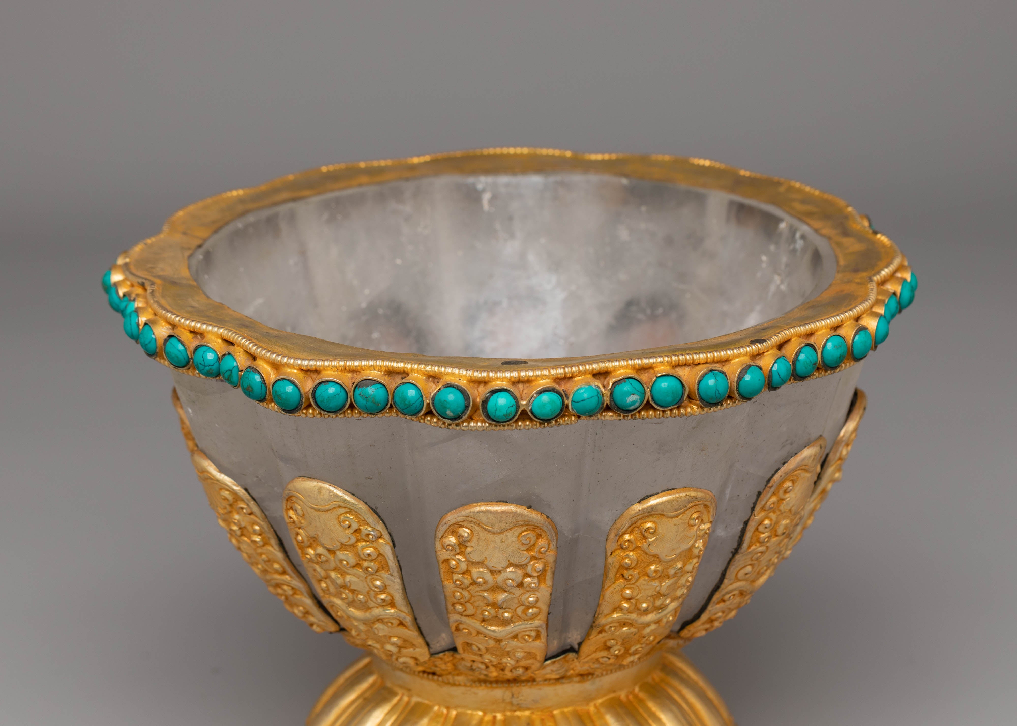 Spiritual Buddhist Dhupur Rice Pot | Gold-Plated Copper with Coral & Turquoise