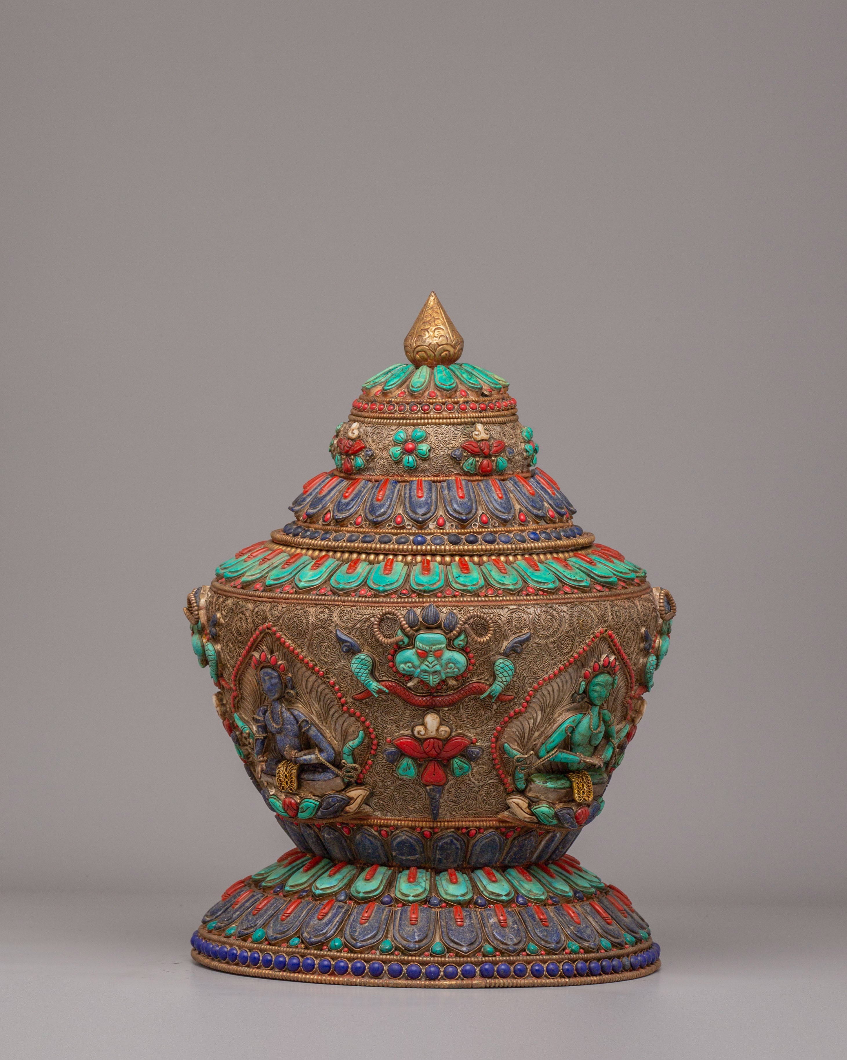 Dhupur Tibetan Rice Pot | Copper Body with Hand-Carved Deities