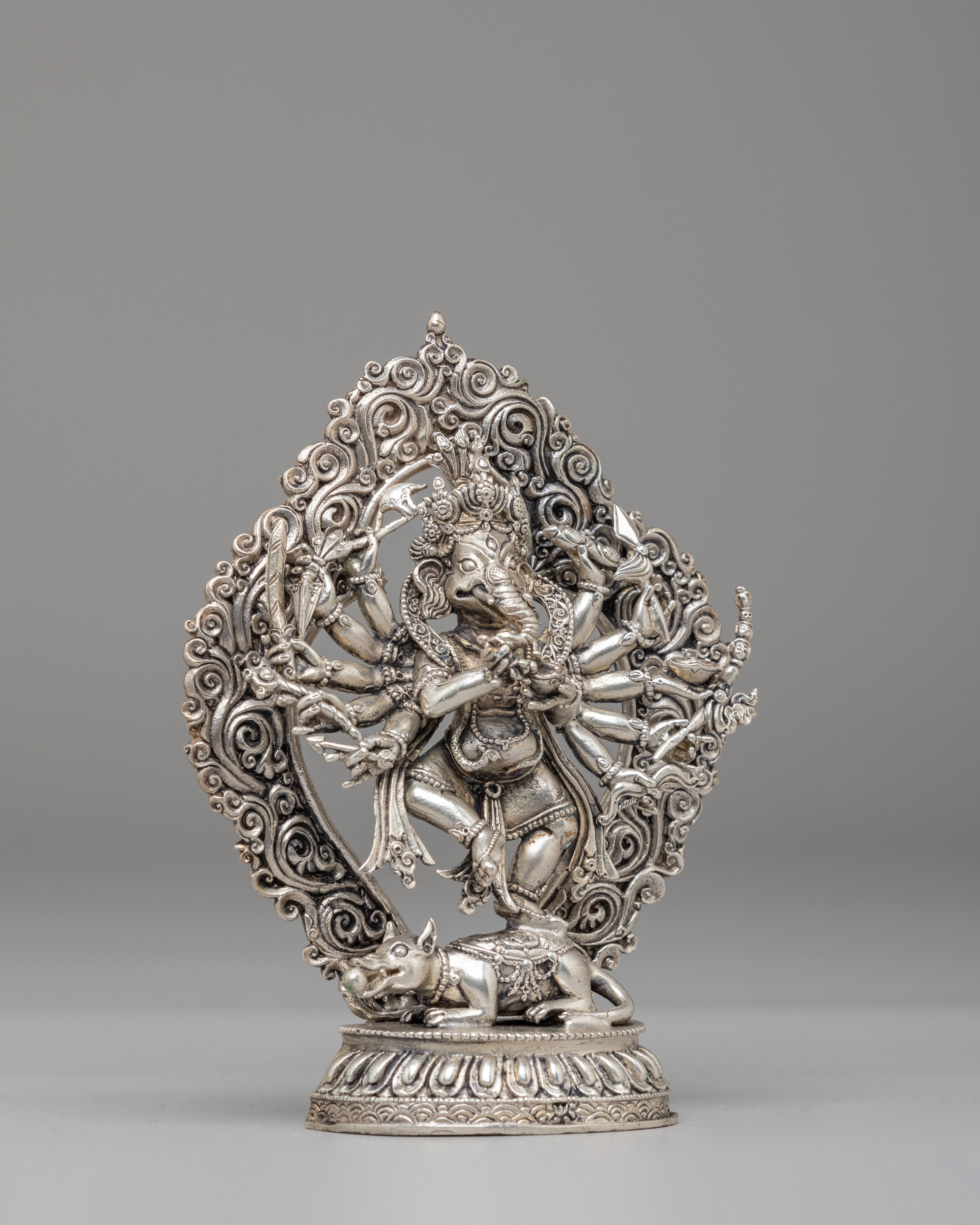 12-Armed Maha Rakta Ganesh Statue | Machine Made Silver Plated Hindu Deity