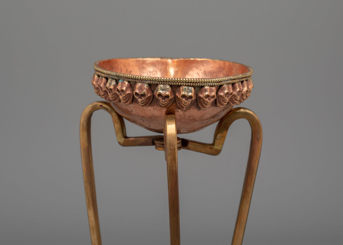 Kapala Skull Cup Stand Set | Himalayan Kapala Vessel with Skull Motifs