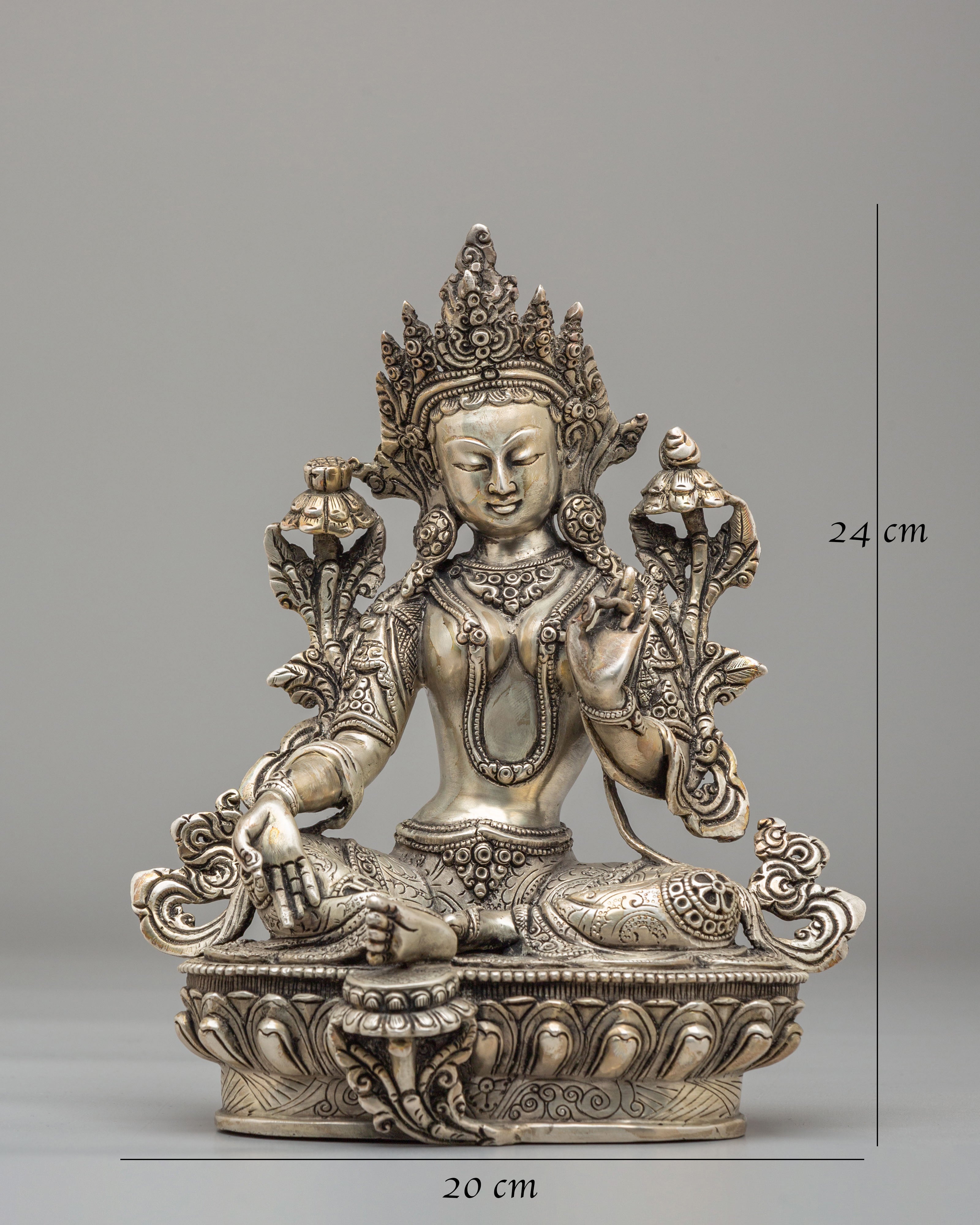 Green Tara Mother of Liberation Statue | Silver Plated Copper Buddhist Sculpture
