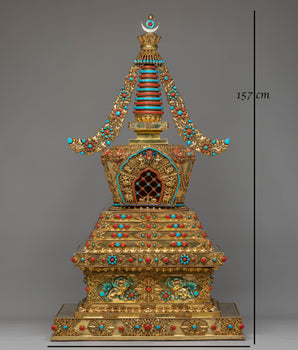Buddhist Handcrafted Sacred Stupa | Gold-Plated Copper with Coral & Turquoise