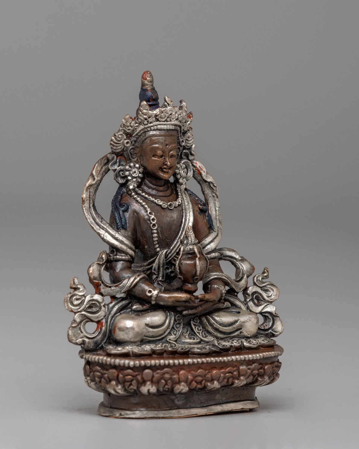 Traditional Amitayus Buddha Longevity Statue | Oxidized Copper Body with Silver Plating
