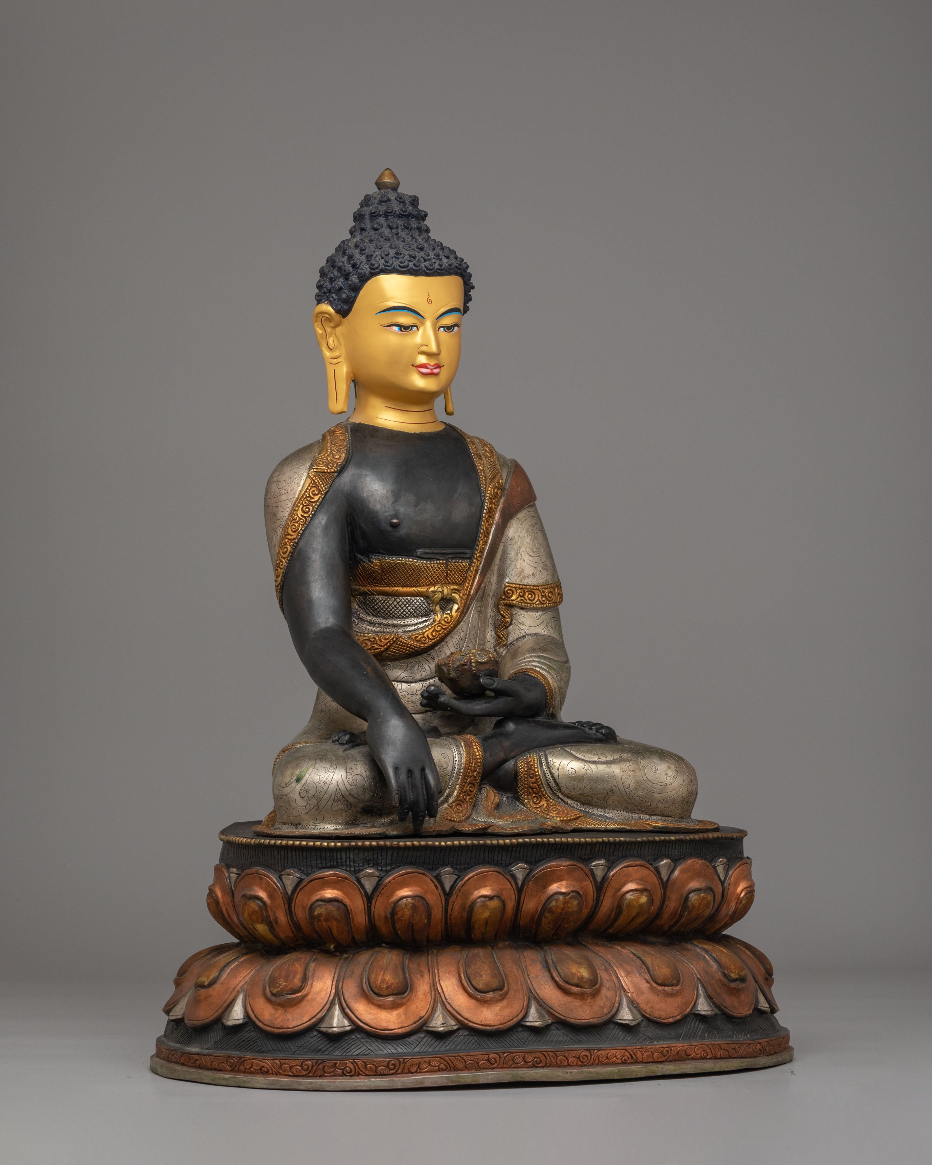 Ceremonial Shakyamuni Buddha Deity Statue | 24K Gold Plated with Silver and Acrylic