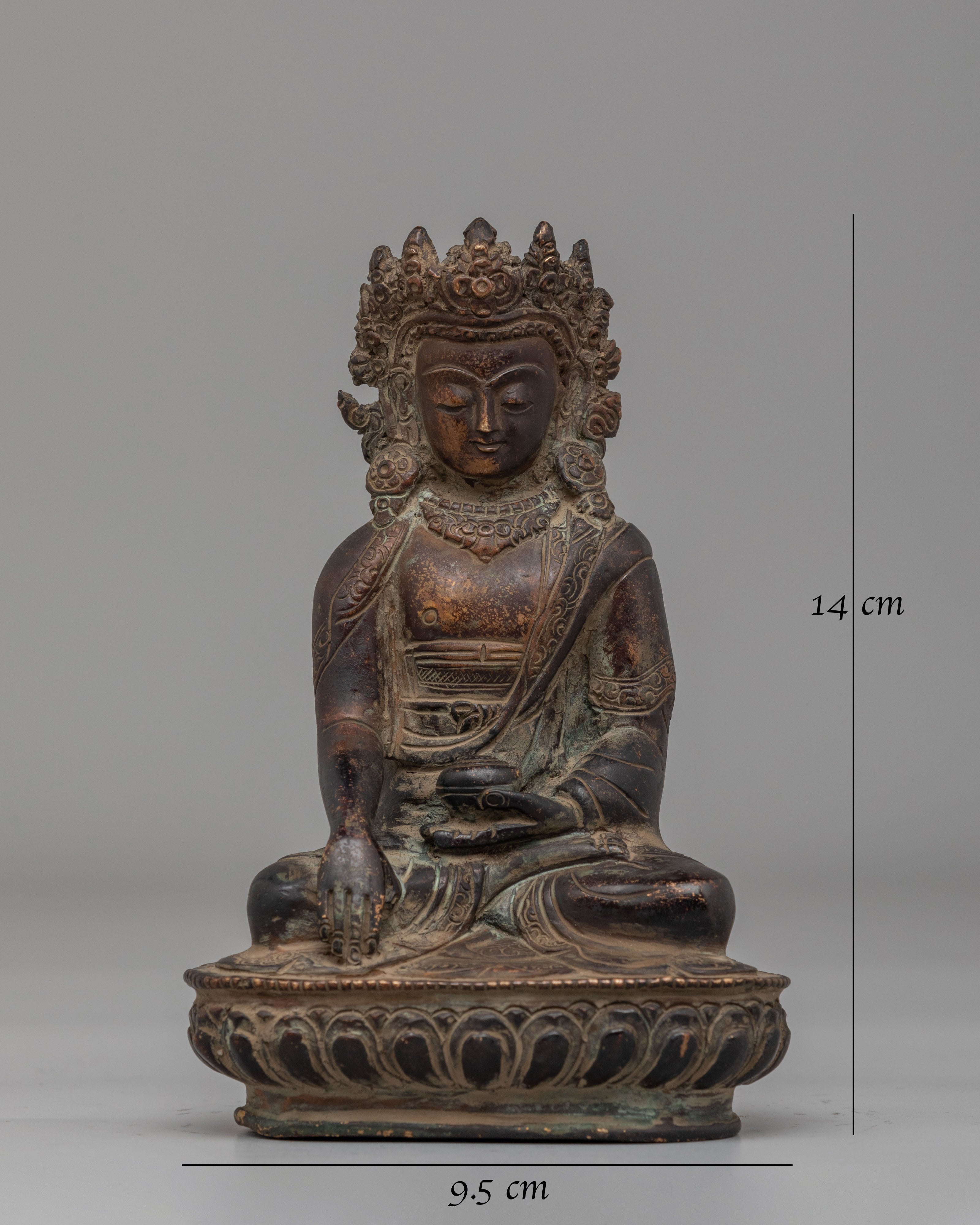Handmade Crown Shakyamuni Buddha Statue | Oxidized Brass Crowned Buddha