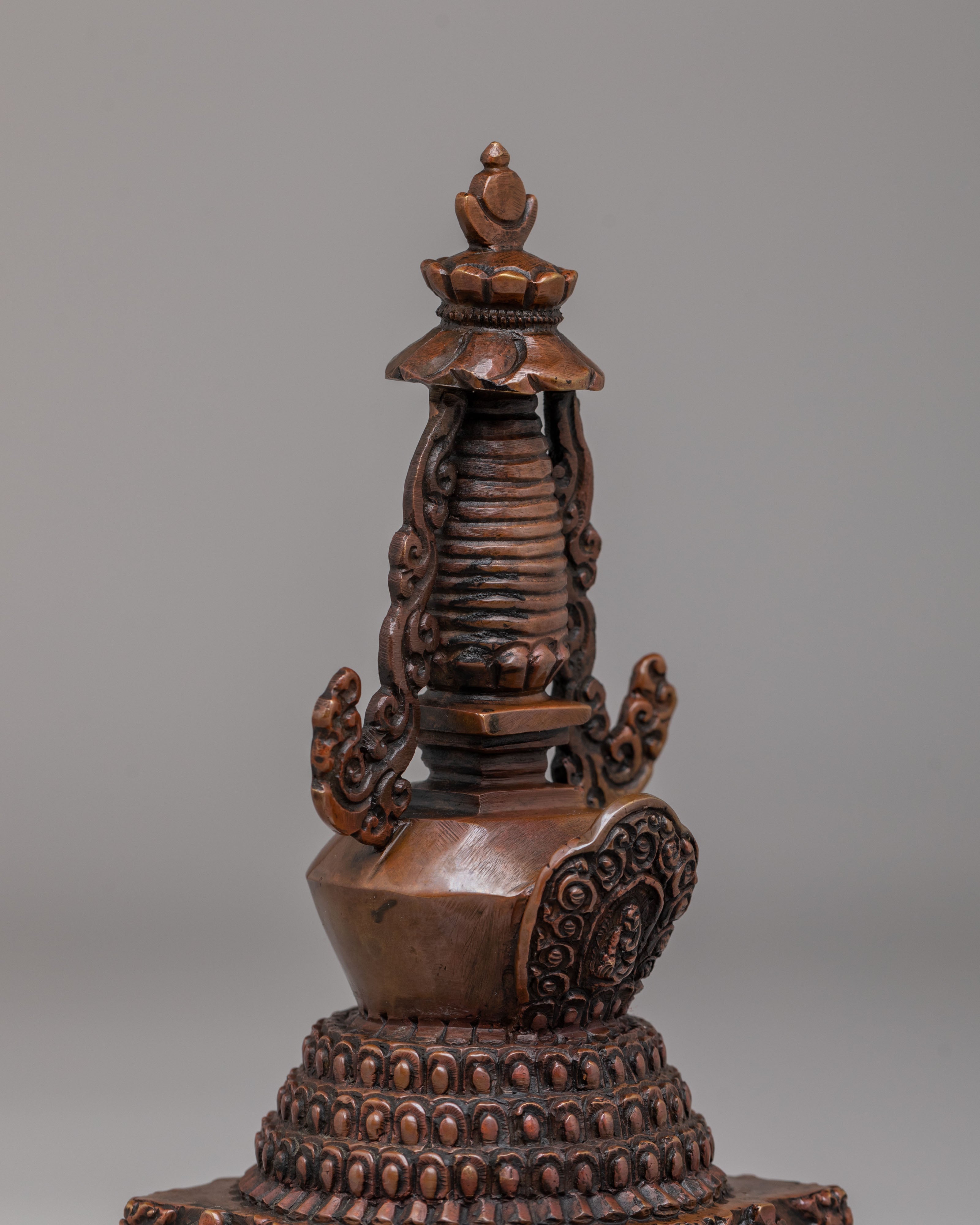 Traditional Lotus Blossom Stupa | Handcrafted Oxidized Copper Sacred Decor