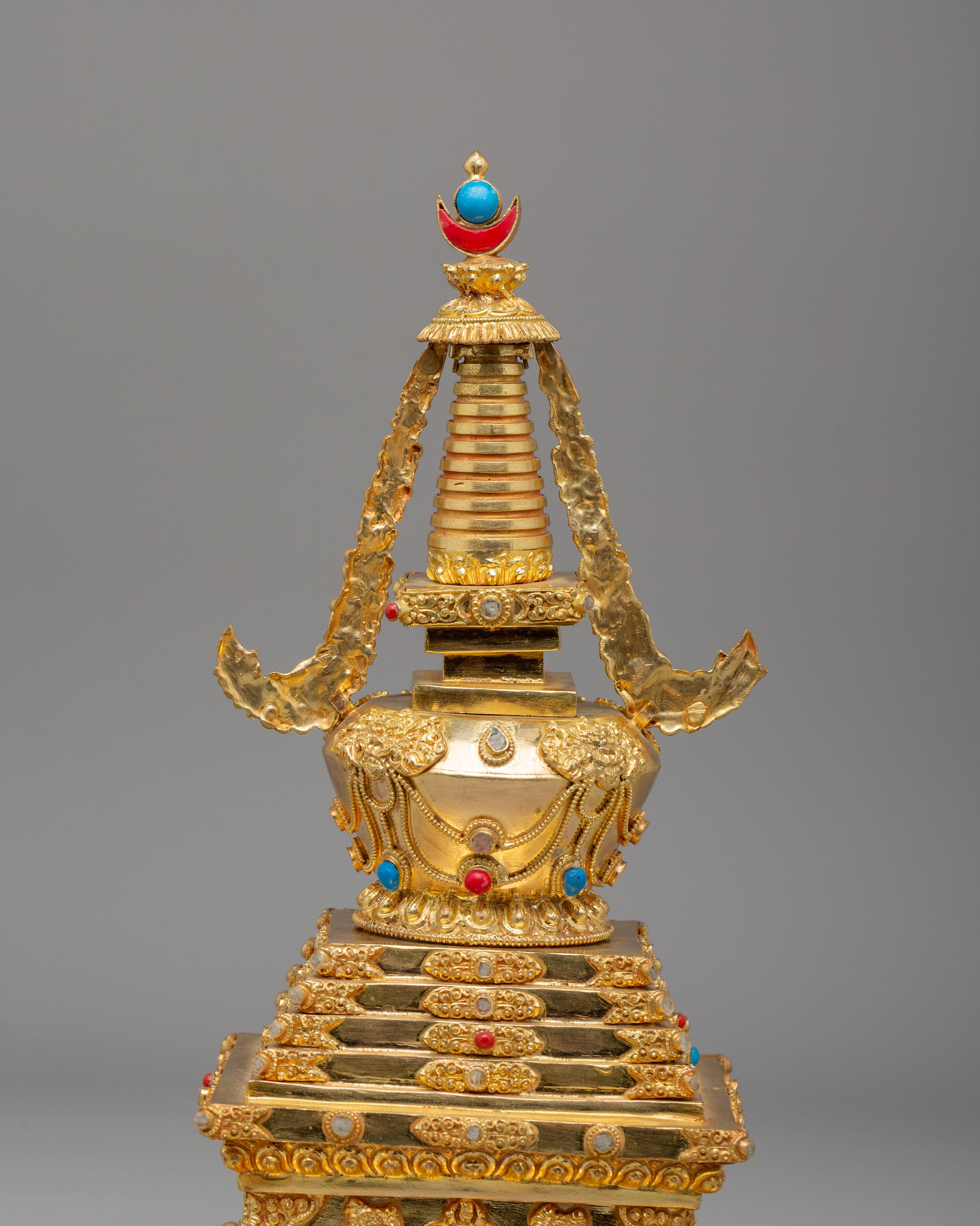 Gold Plated Altar Enlightenment Stupa | Handcrafted Tibetan Buddhist Shrine