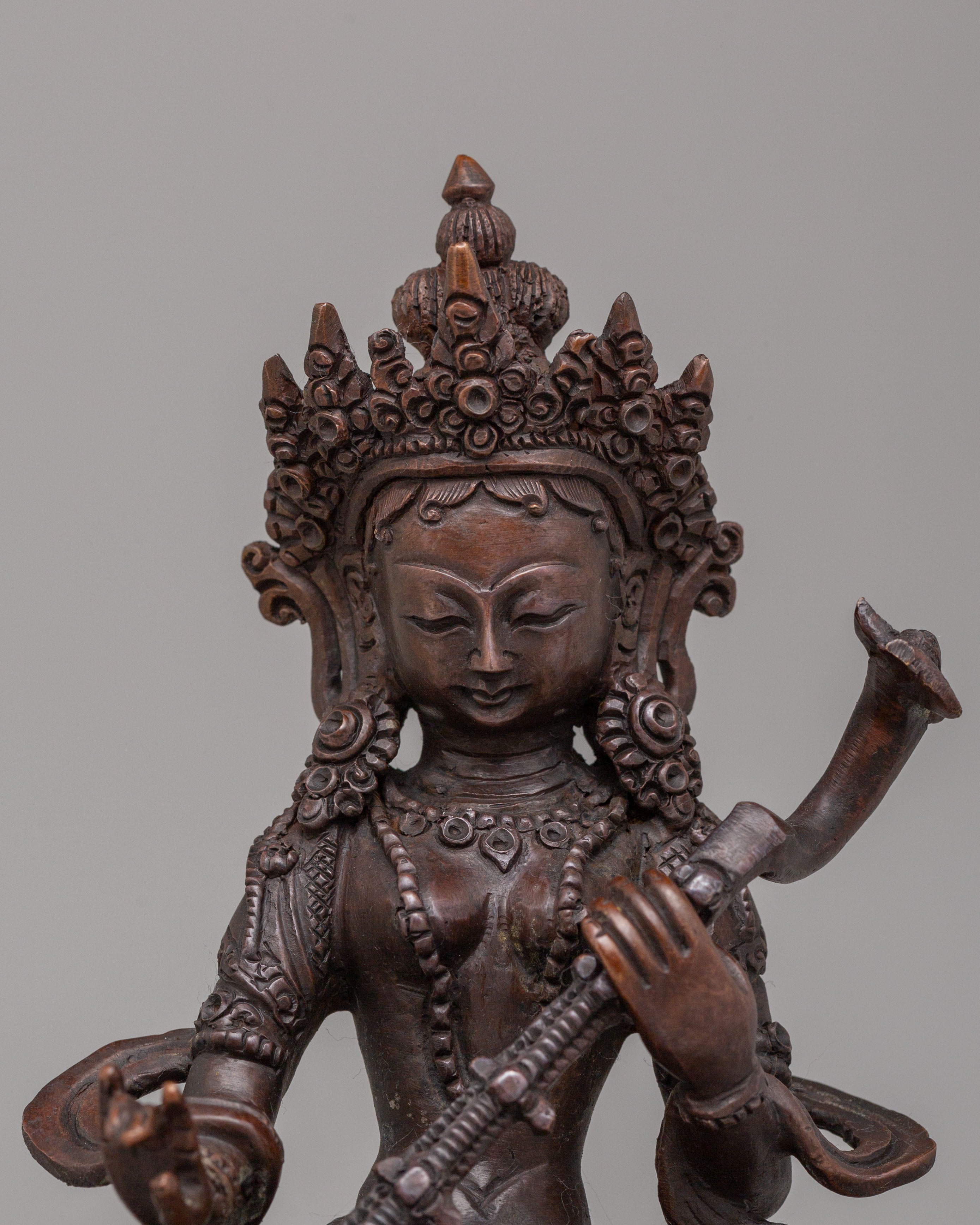 Traditional Saraswati Devi Statue | Oxidized Copper Idol for Meditation