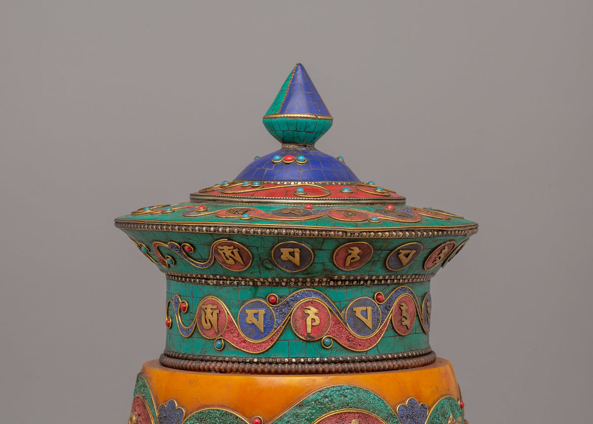 Auspicious Symbol Prayer Wheel | Handcrafted Tibetan Buddhist Ritual Object