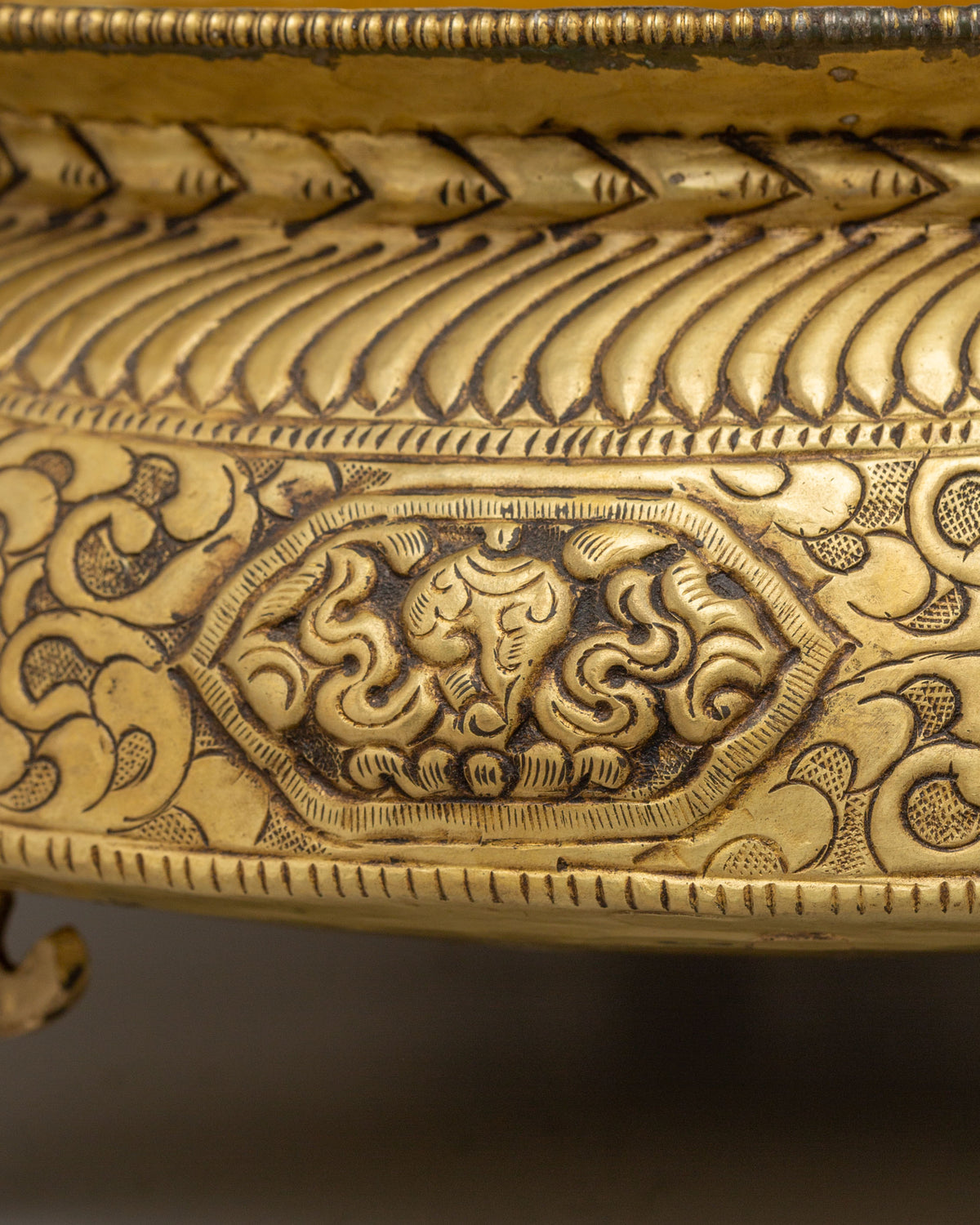 Decorative Urli Bowl | Brass Vessel with Auspicious Symbol Carving