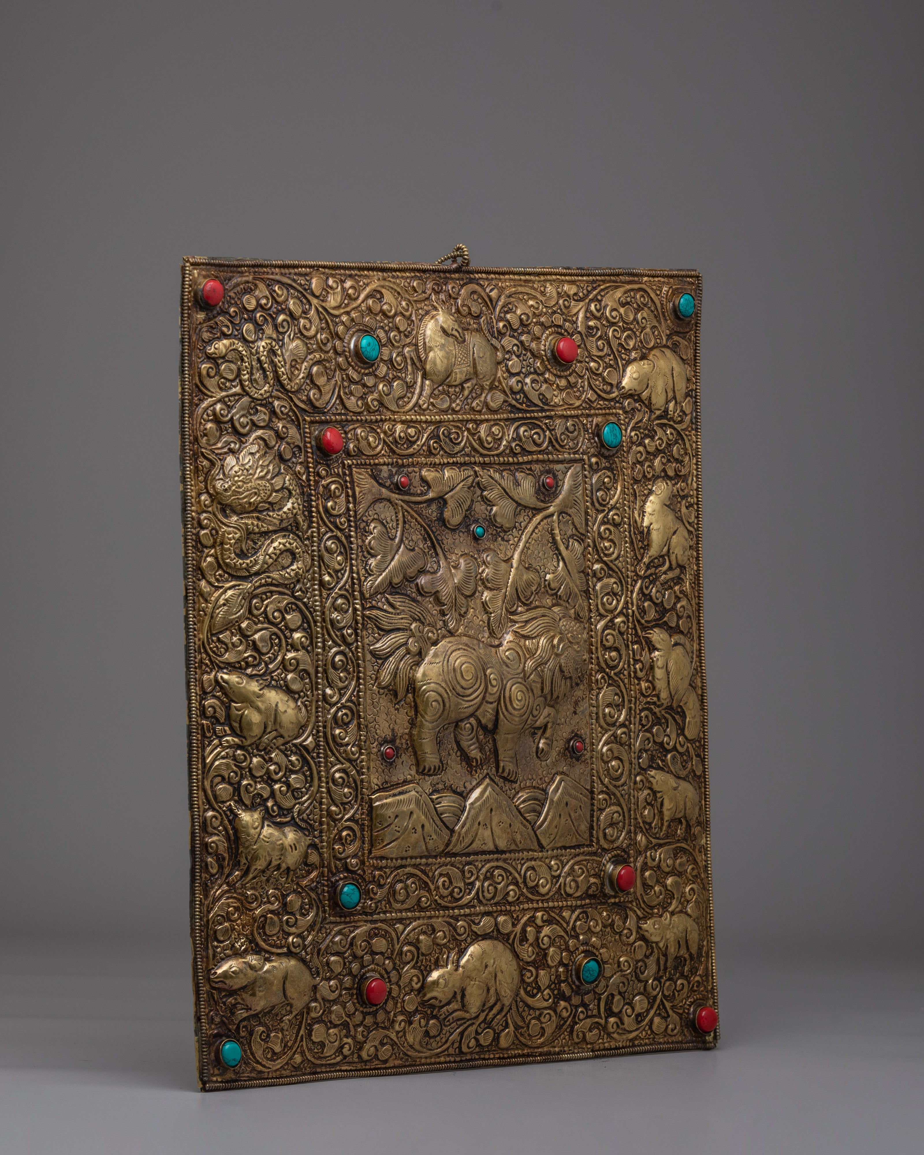 Decorative Tibetan Wall Hanging | Gemstone Inlaid Copper Art