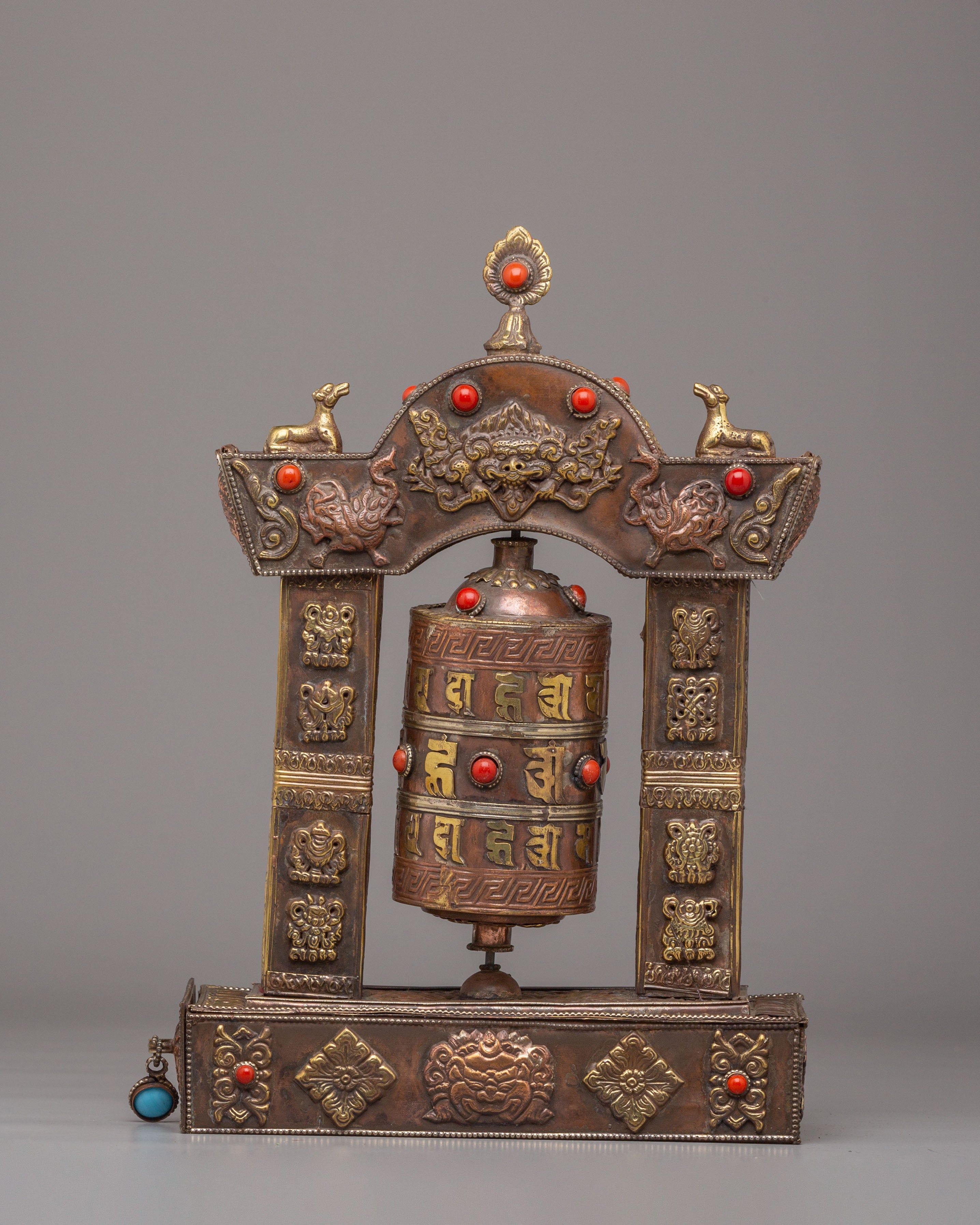 Traditional Mantra Prayer Wheel | Tibetan Copper Body with Gemstones