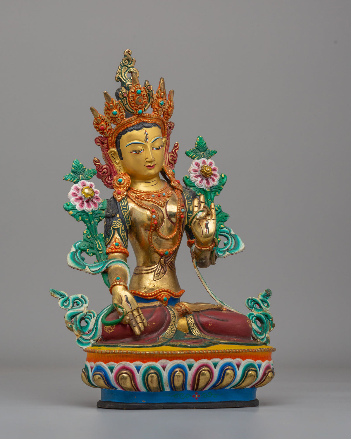 Handmade White Tara Statue for Healing | 24K Gold Plated Copper Tara