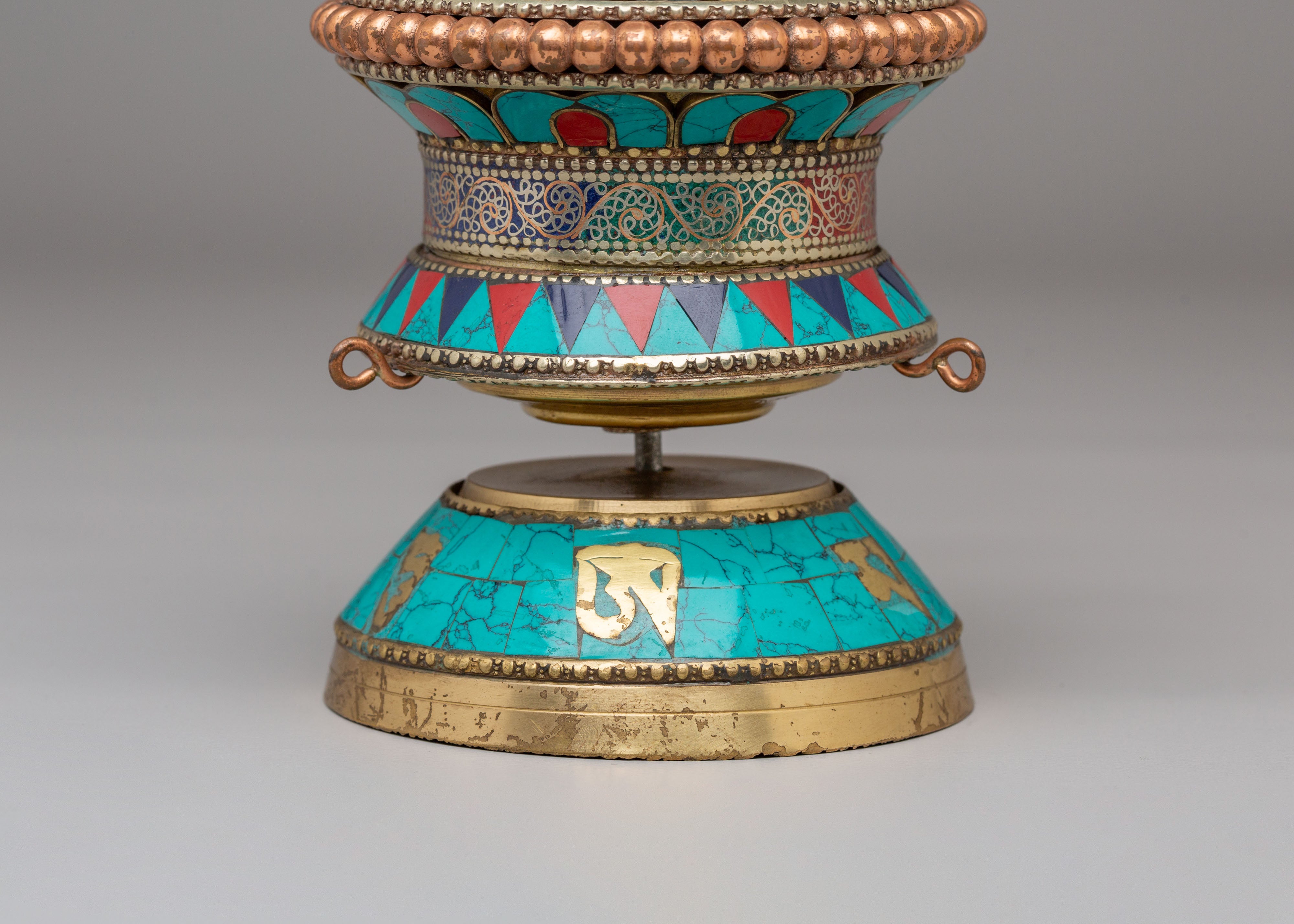 Handmade Tibetan Ritual Prayer Wheel | Copper Body with Gemstones