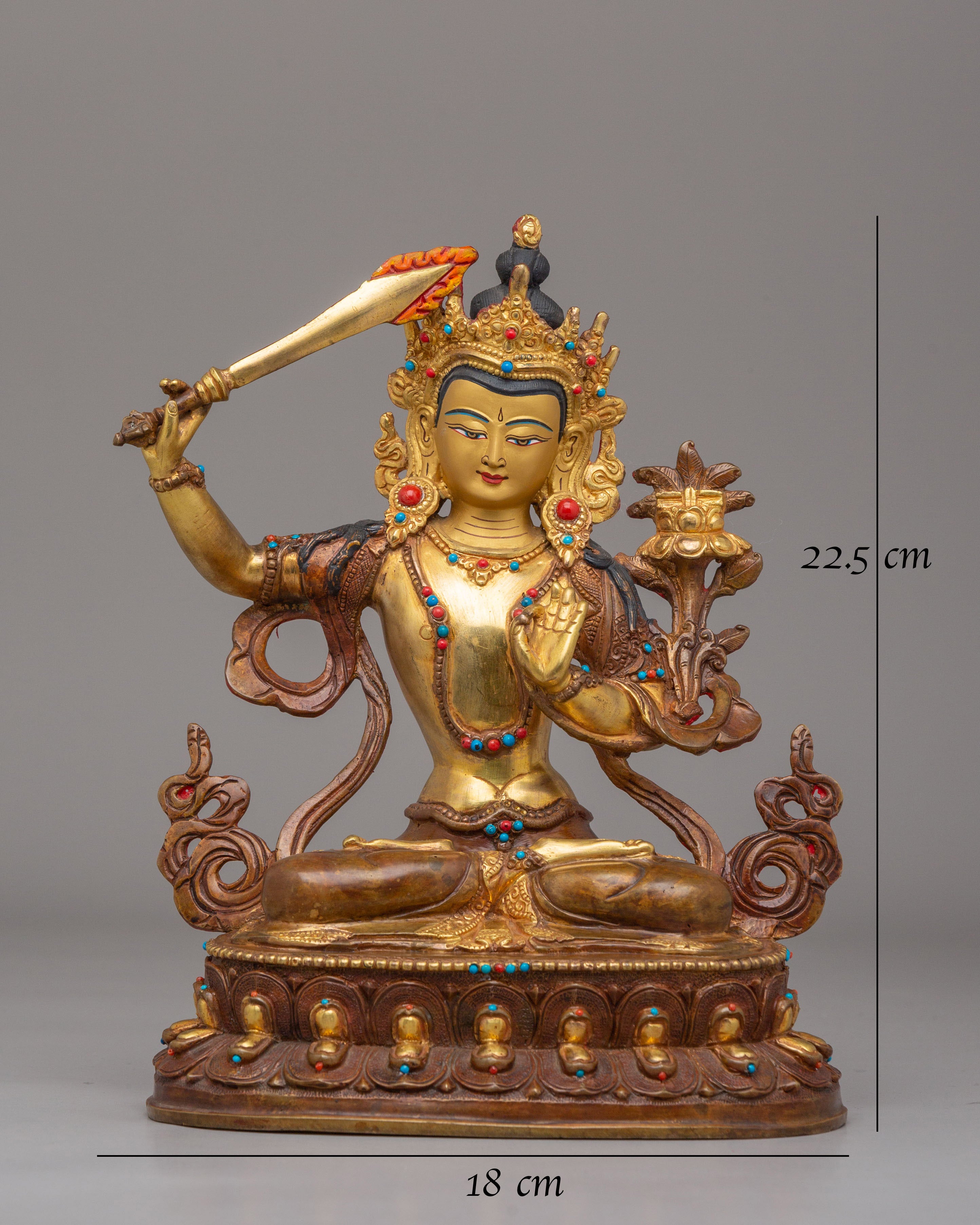 Manjushri Sacred Wisdom Deity Statue | Gold Plated Copper Figurine