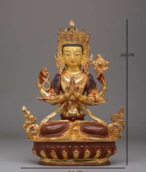 Sacred Bodhisattva Chenrezig Statue | Copper, Gold-Plated, Coral & Turquoise Inlays