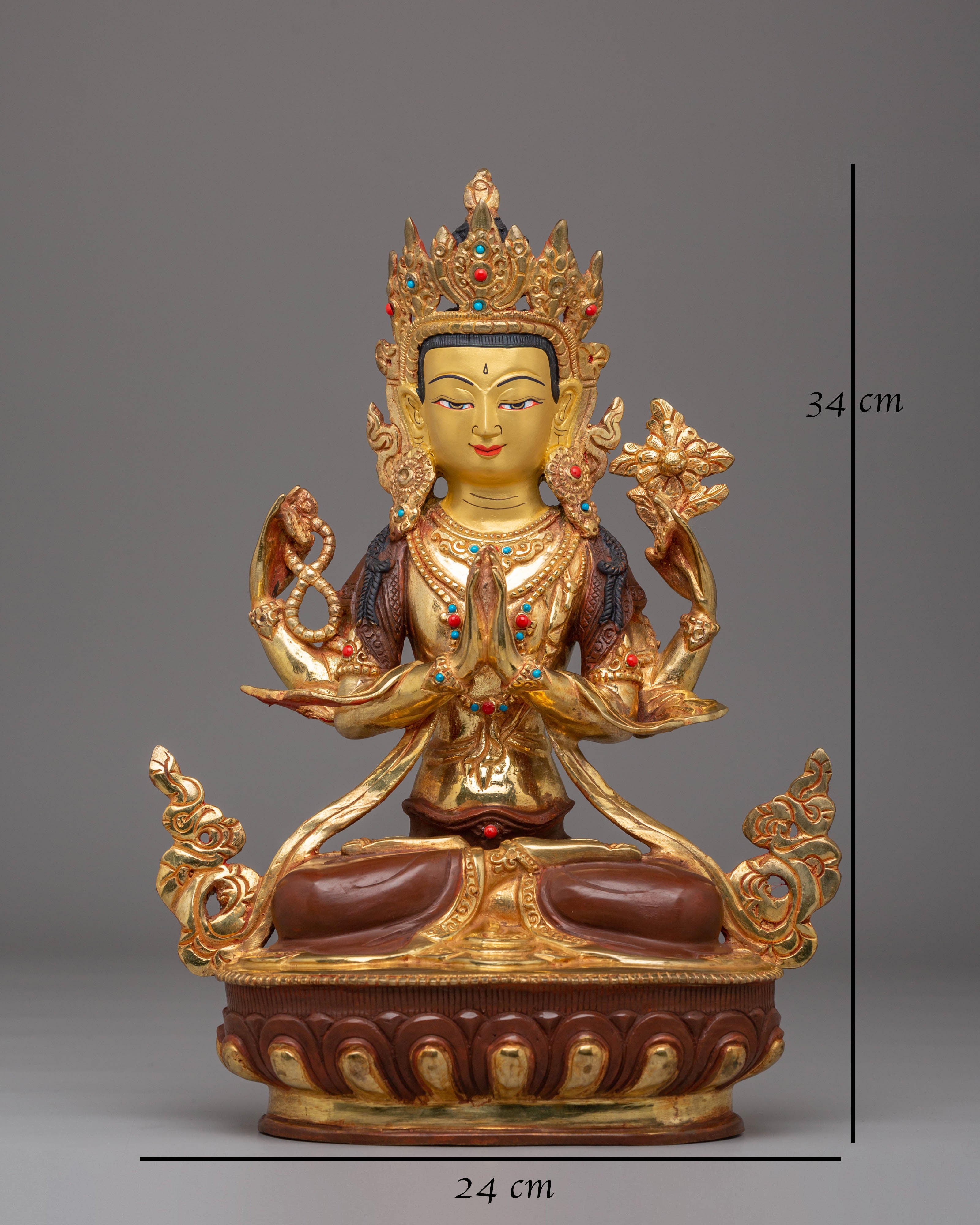 Sacred Bodhisattva Chenrezig Statue | Copper, Gold-Plated, Coral & Turquoise Inlays