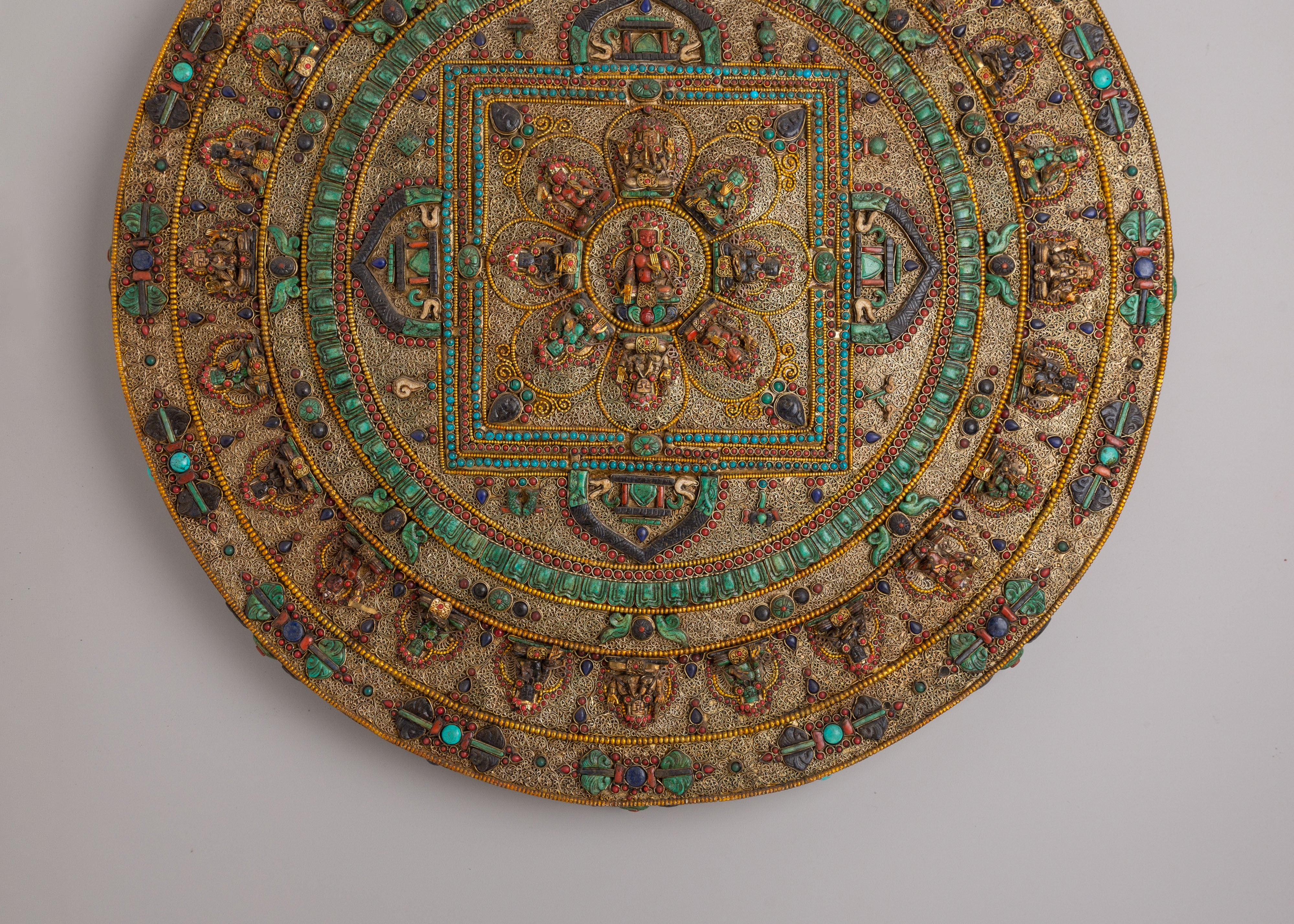 Mandala Wall Hanging with Deities | Silver Plated Gemstone Sacred Artwork