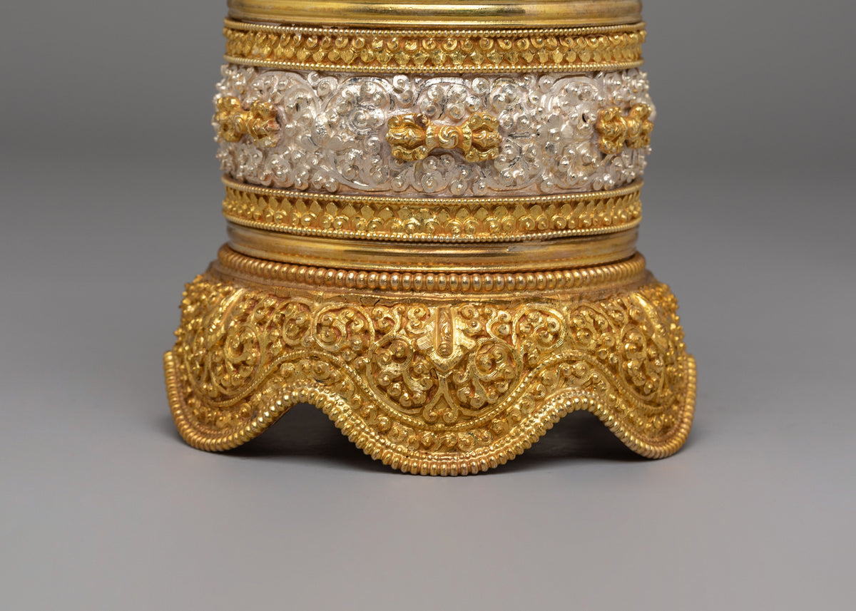 Sacred Buddhist Rice Pot | Gold & Silver Plated Copper Ritual Offering Vessel