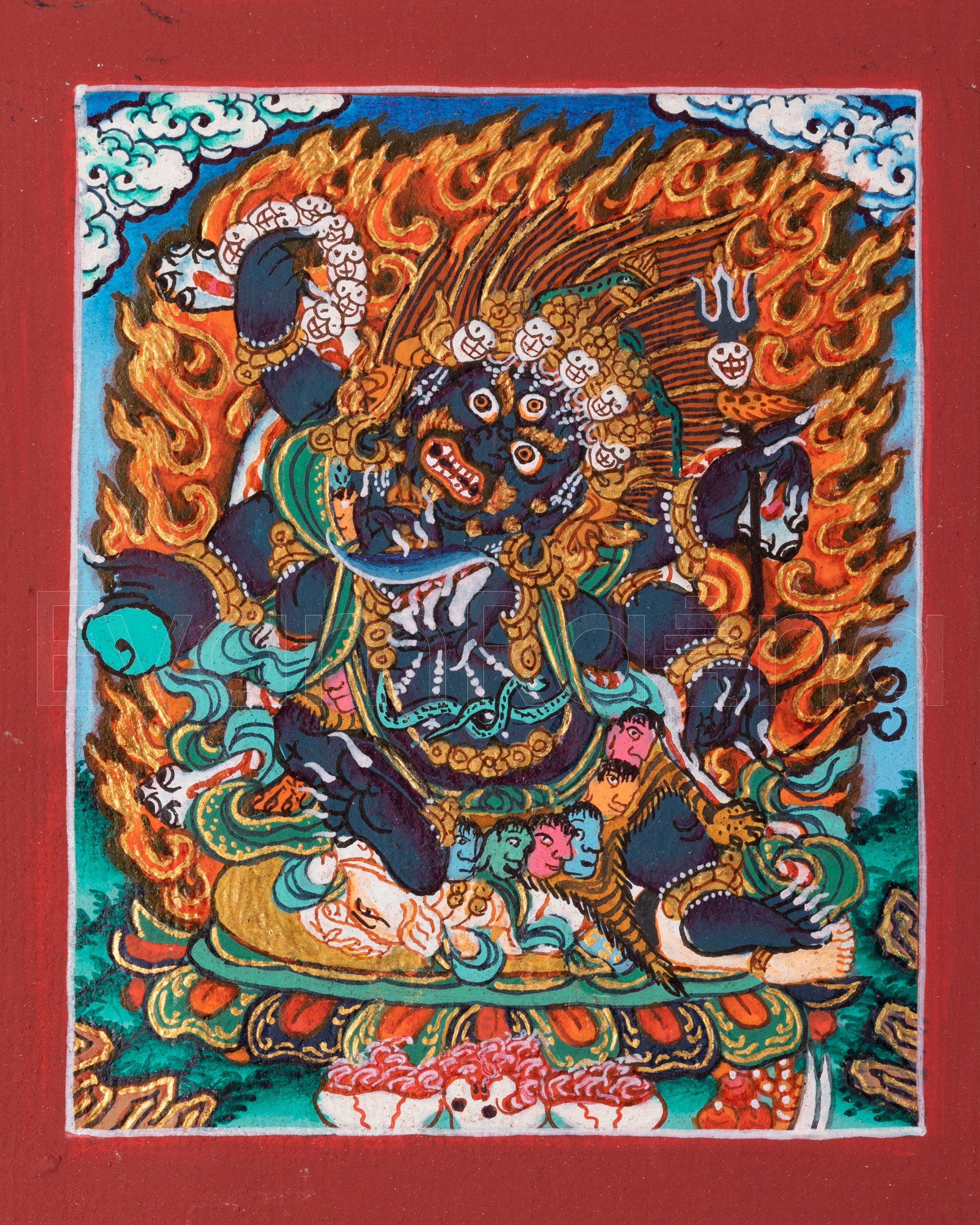 Six-Armed Mahakala Thangka for Locket | Tibetan Protector Deity Art
