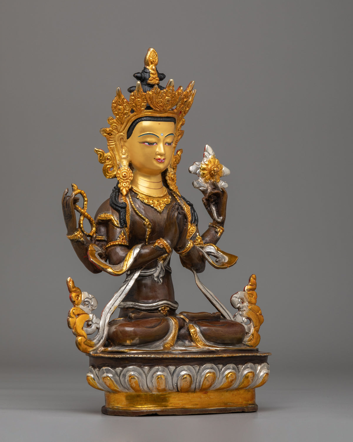 Spiritual Four-Armed Chenrezig Statue | Gold Plated Avalokiteshvara Buddhist Sculpture