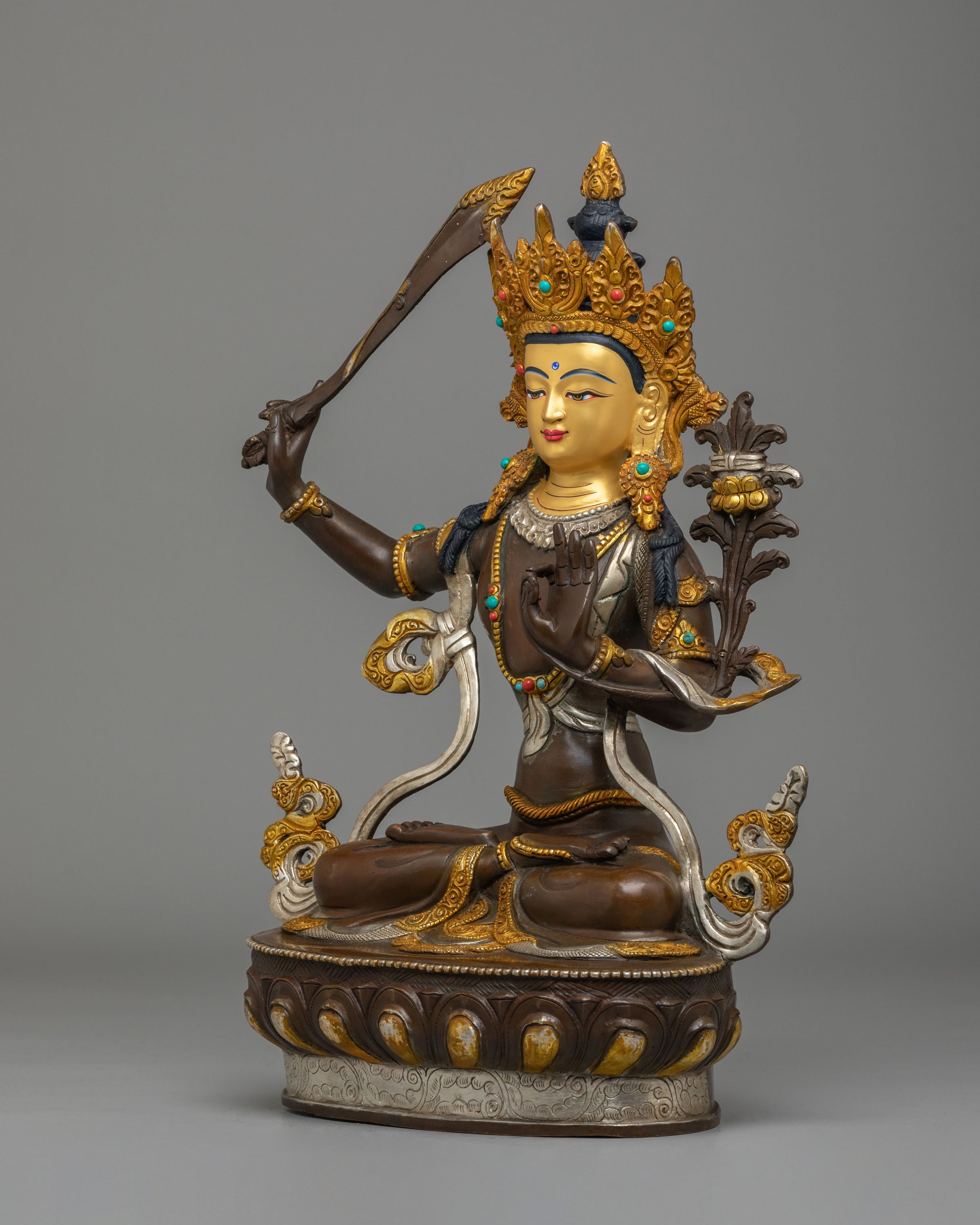 Tibetan Manjushri Sculpture | Gold Plated Buddhist Art