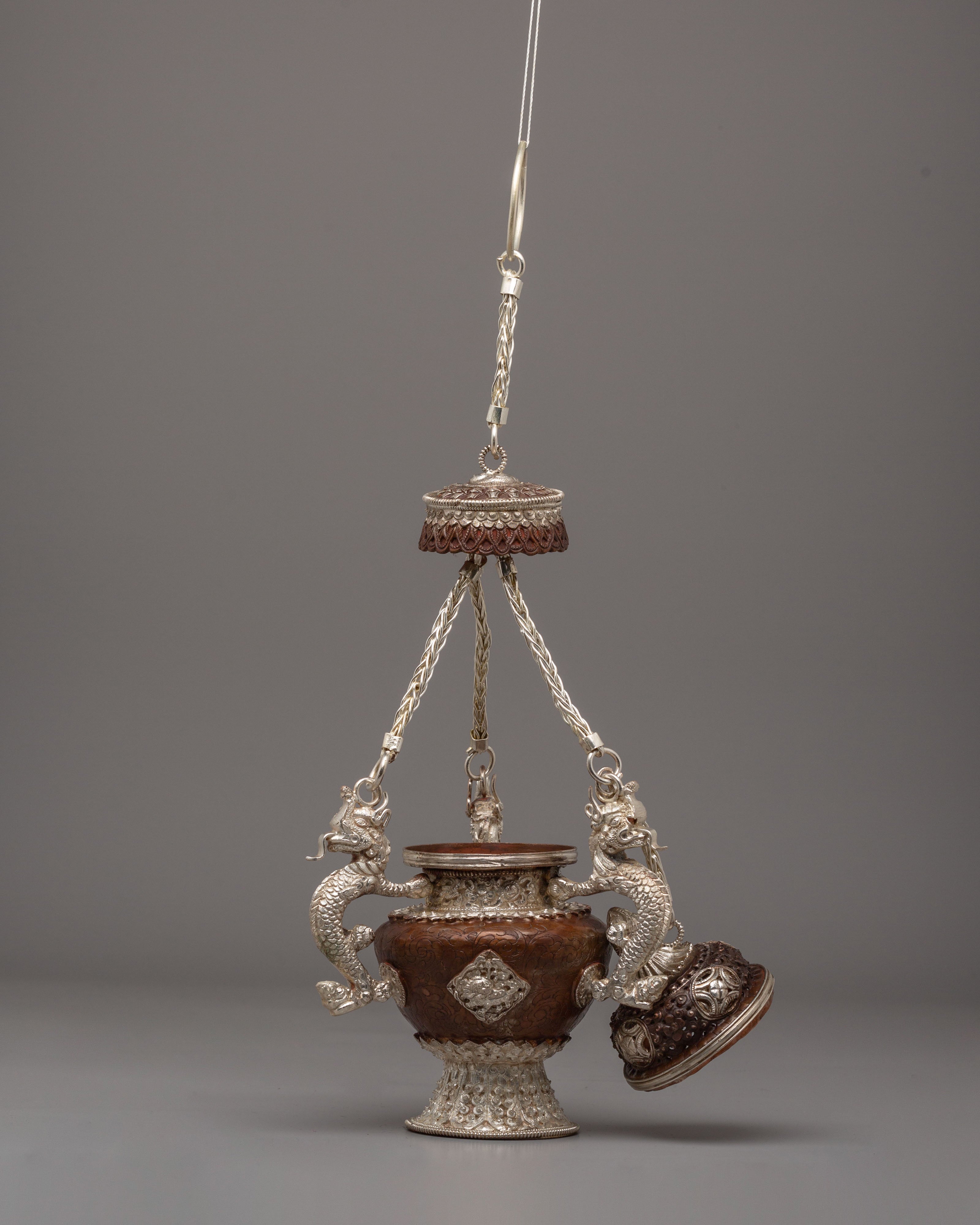 Tibetan Sacred Incense Burner | Oxidized Copper Body with Silver Plating