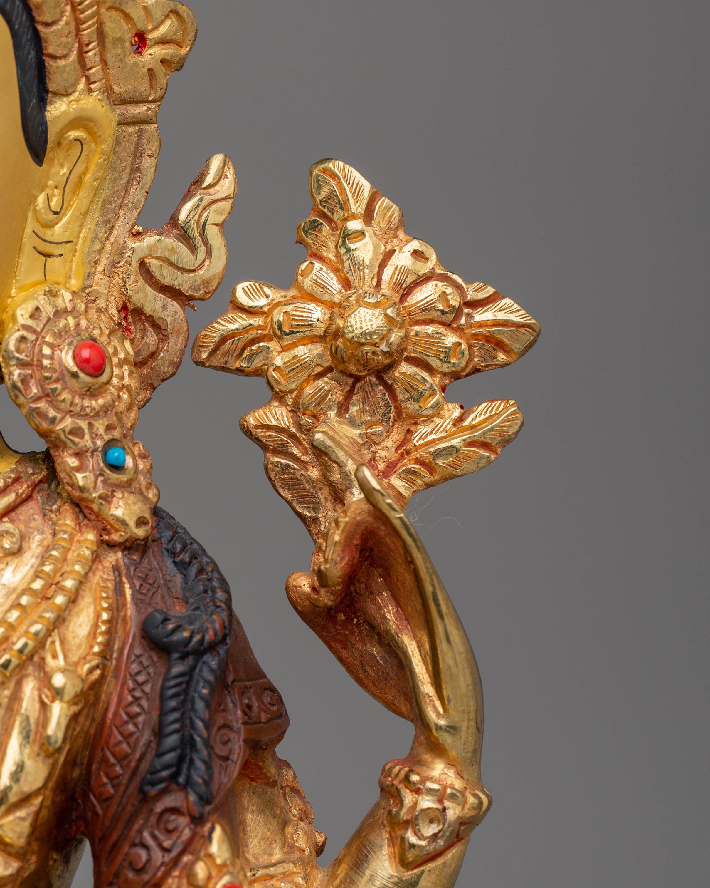 Sacred Bodhisattva Chenrezig Statue | Copper, Gold-Plated, Coral & Turquoise Inlays